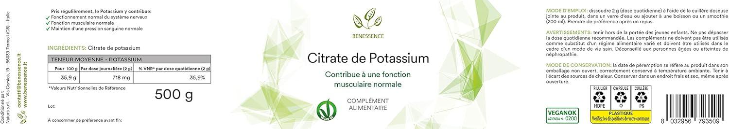 image:imageBenessence Citrate Potassium en poudre soluble Intgrateur Alimentaire 250 jours dintgration 500 gr500 g
