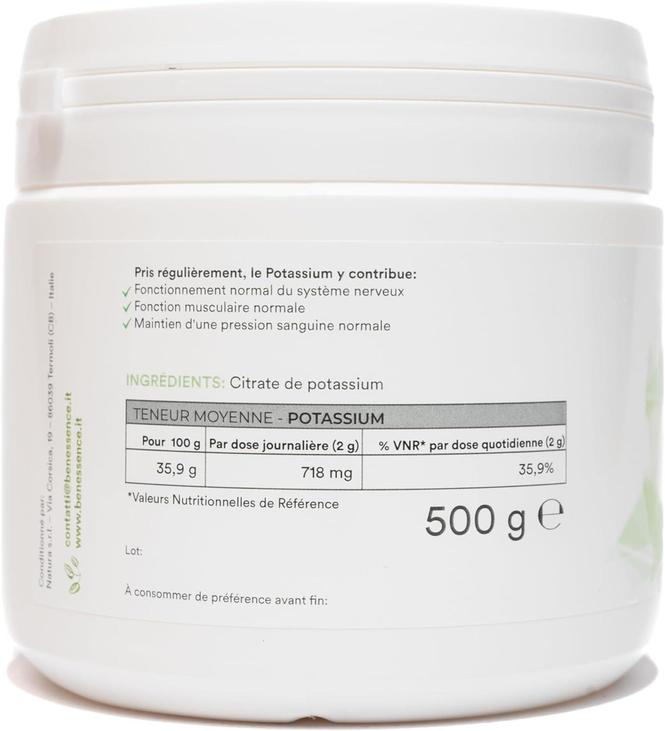 image:imageBenessence Citrate Potassium en poudre soluble Intgrateur Alimentaire 250 jours dintgration 500 gr500 g
