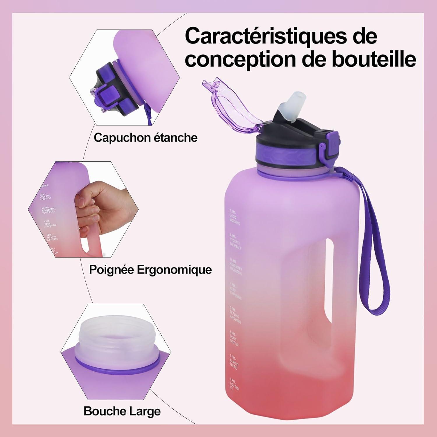 image:imageBouteille Deau Grande Capacit 22L Gourde de Sport Sans BPA Bouteille Motivation avec Marquage Temporel Gourde Fitness pour Activits Extrieures et Usage QuotidienViolet Rose