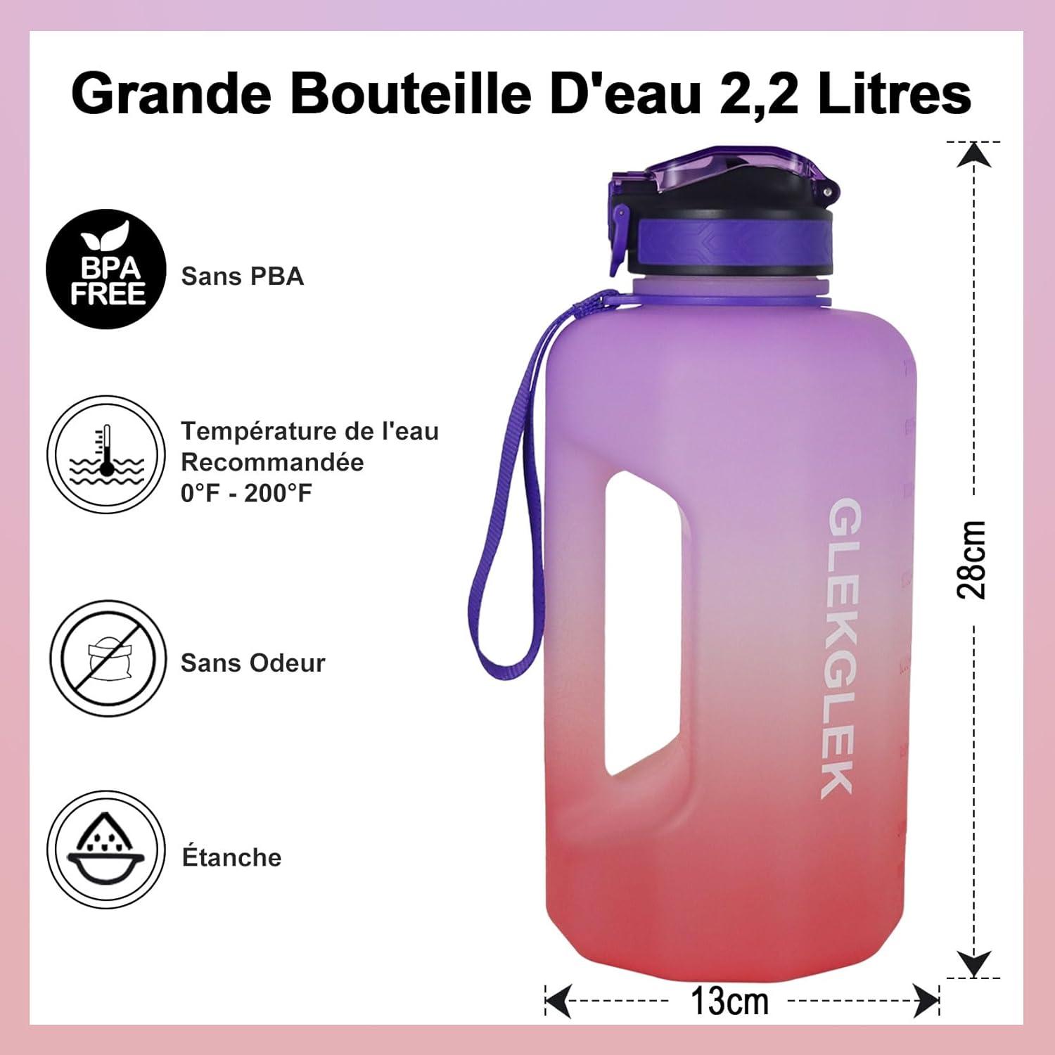 image:imageBouteille Deau Grande Capacit 22L Gourde de Sport Sans BPA Bouteille Motivation avec Marquage Temporel Gourde Fitness pour Activits Extrieures et Usage QuotidienViolet Rose