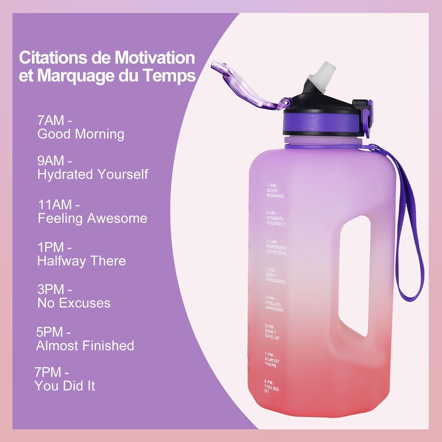 image:imageBouteille Deau Grande Capacit 22L Gourde de Sport Sans BPA Bouteille Motivation avec Marquage Temporel Gourde Fitness pour Activits Extrieures et Usage QuotidienViolet Rose