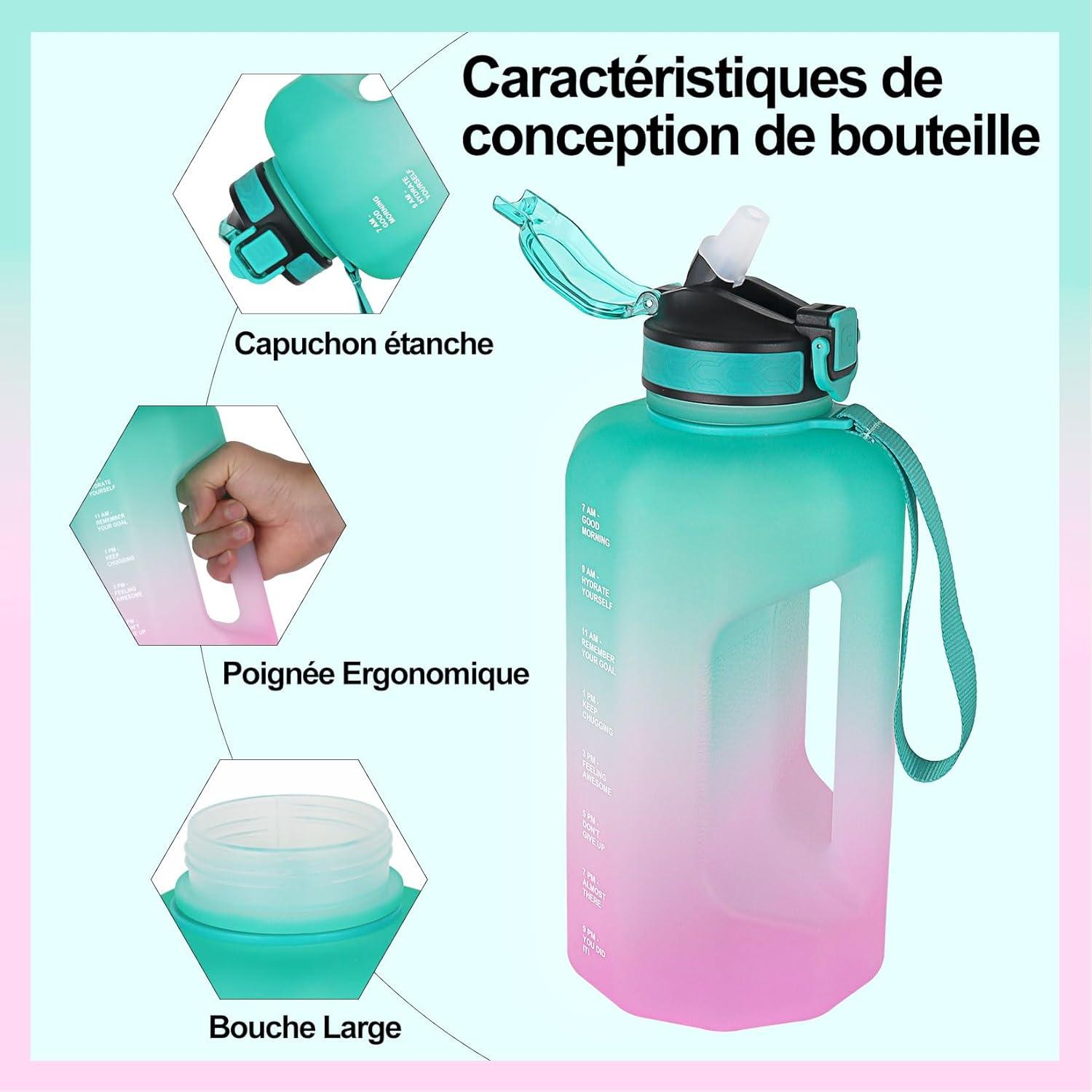 image:imageBouteille Deau Grande Capacit 22L Gourde de Sport Sans BPA Bouteille Motivation avec Marquage Temporel Gourde Fitness pour Activits Extrieures et Usage QuotidienVert Rose