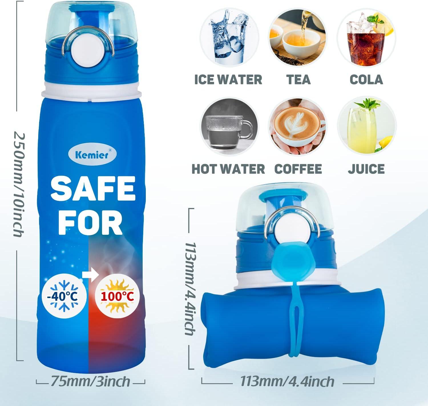 image:imageBouteilles deau Pliables en Silicone de Kemier 750 mL Sans BPA Approuves par La FDA Bouteilles deau Pliables Pouvant sEnrouler Pour Sports et Plein Air tanches et lpreuve Des FuitesNoirBleu
