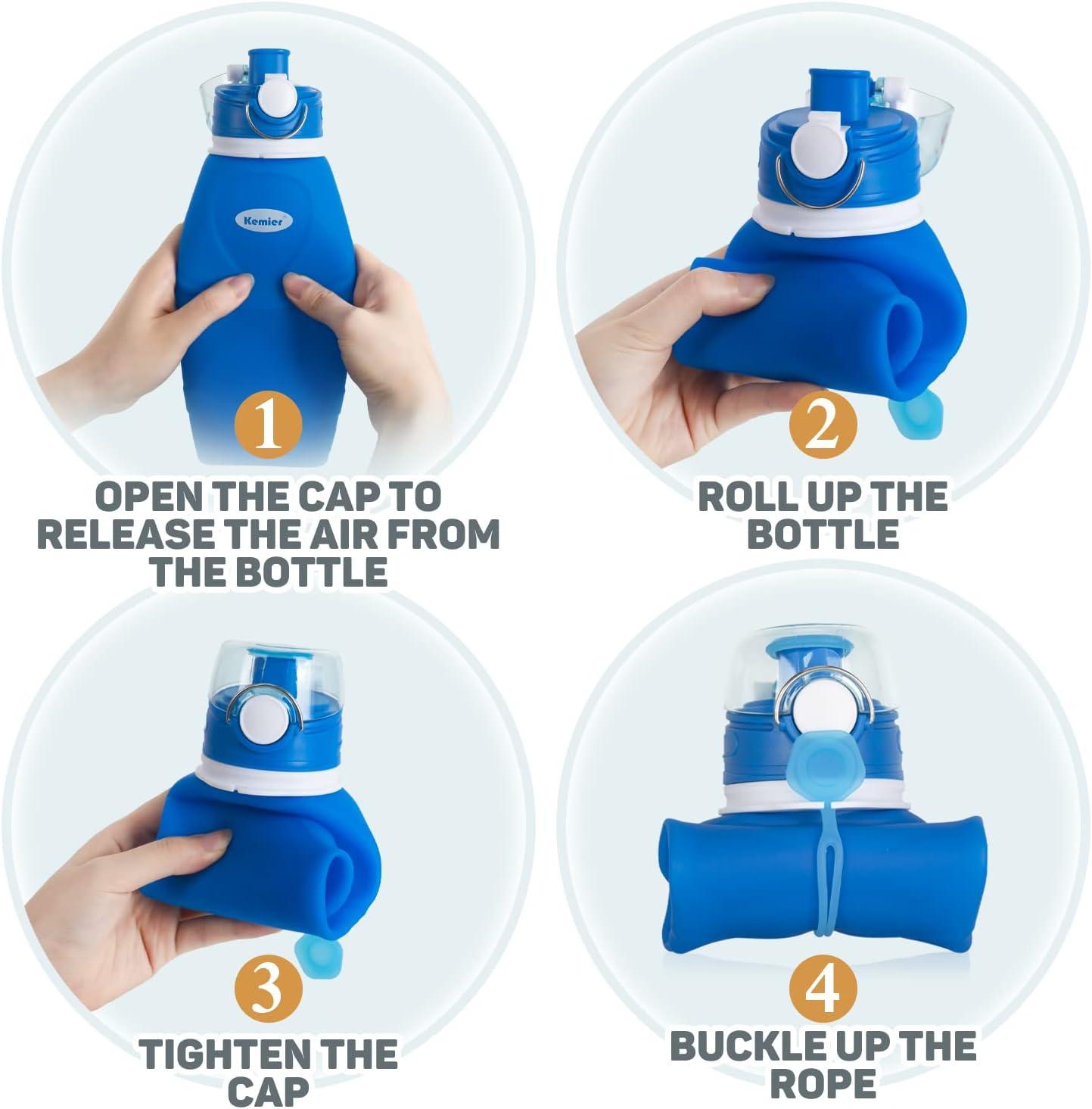 image:imageBouteilles deau Pliables en Silicone de Kemier 750 mL Sans BPA Approuves par La FDA Bouteilles deau Pliables Pouvant sEnrouler Pour Sports et Plein Air tanches et lpreuve Des FuitesNoirBleu