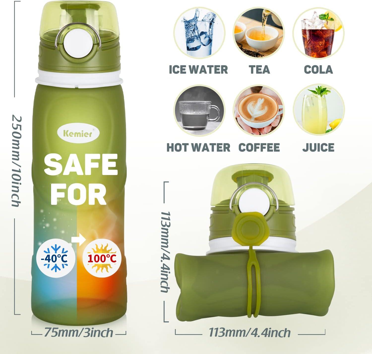 image:imageBouteilles deau Pliables en Silicone de Kemier 750 mL Sans BPA Approuves par La FDA Bouteilles deau Pliables Pouvant sEnrouler Pour Sports et Plein Air tanches et lpreuve Des FuitesNoirVert