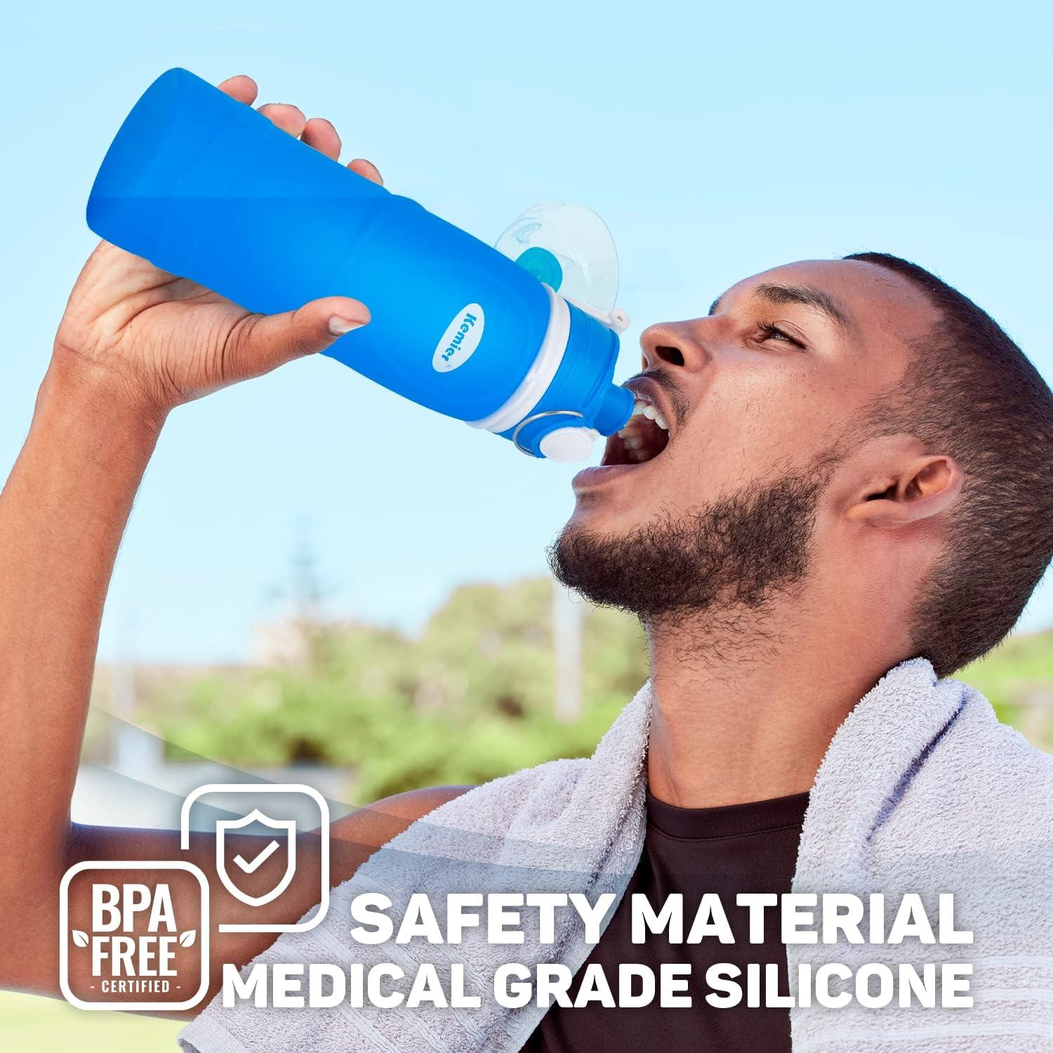 image:imageBouteilles deau Pliables en Silicone de Kemier 750 mL Sans BPA Approuves par La FDA Bouteilles deau Pliables Pouvant sEnrouler Pour Sports et Plein Air tanches et lpreuve Des FuitesNoirBleu
