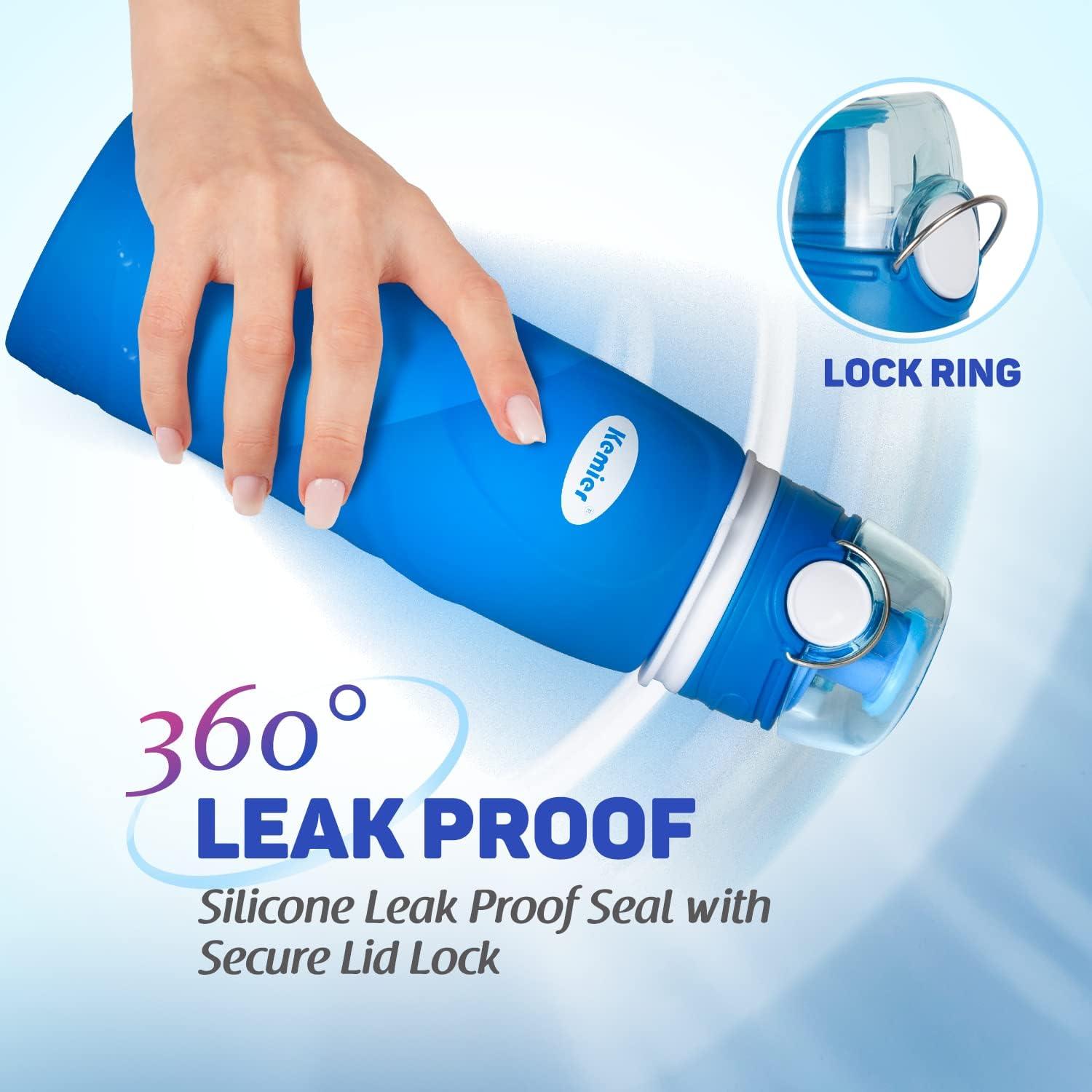 image:imageBouteilles deau Pliables en Silicone de Kemier 750 mL Sans BPA Approuves par La FDA Bouteilles deau Pliables Pouvant sEnrouler Pour Sports et Plein Air tanches et lpreuve Des FuitesNoirBleu