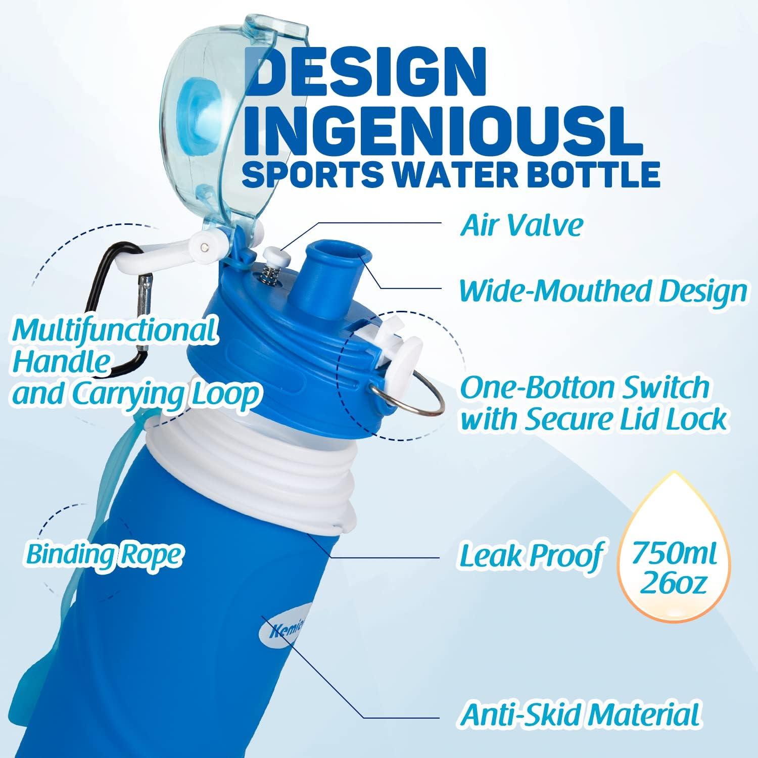 image:imageBouteilles deau Pliables en Silicone de Kemier 750 mL Sans BPA Approuves par La FDA Bouteilles deau Pliables Pouvant sEnrouler Pour Sports et Plein Air tanches et lpreuve Des FuitesNoirBleu