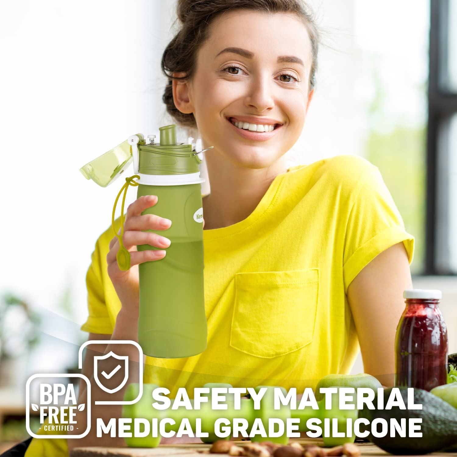 image:imageBouteilles deau Pliables en Silicone de Kemier 750 mL Sans BPA Approuves par La FDA Bouteilles deau Pliables Pouvant sEnrouler Pour Sports et Plein Air tanches et lpreuve Des FuitesNoirVert