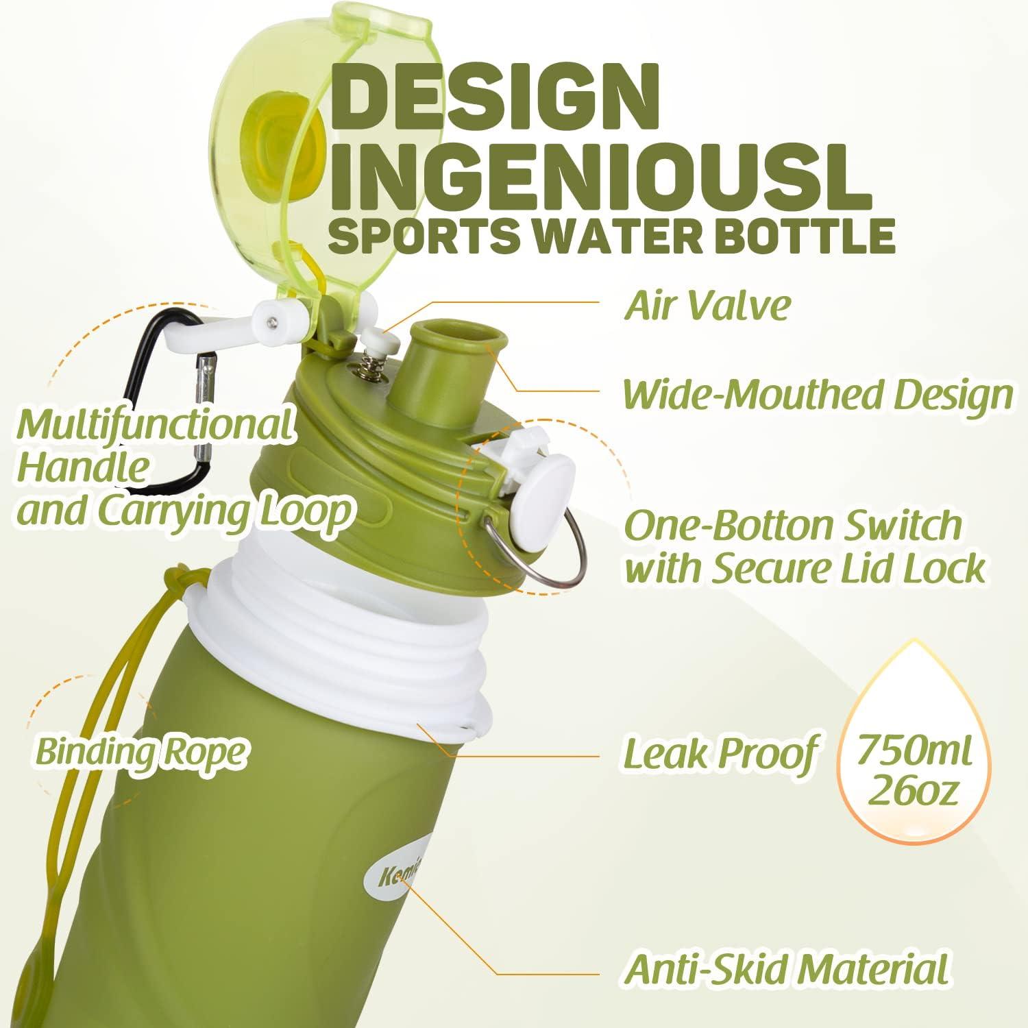 image:imageBouteilles deau Pliables en Silicone de Kemier 750 mL Sans BPA Approuves par La FDA Bouteilles deau Pliables Pouvant sEnrouler Pour Sports et Plein Air tanches et lpreuve Des FuitesNoirVert