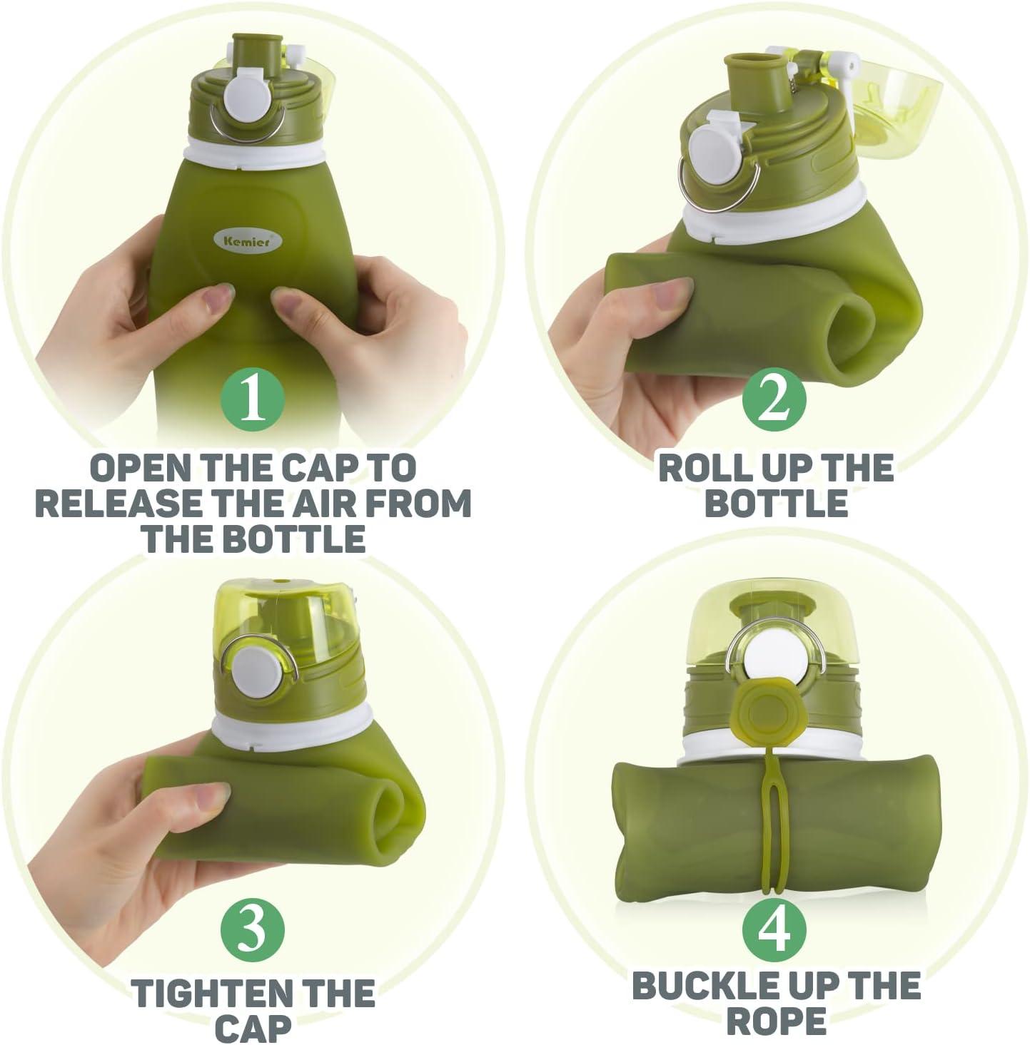image:imageBouteilles deau Pliables en Silicone de Kemier 750 mL Sans BPA Approuves par La FDA Bouteilles deau Pliables Pouvant sEnrouler Pour Sports et Plein Air tanches et lpreuve Des FuitesNoirVert