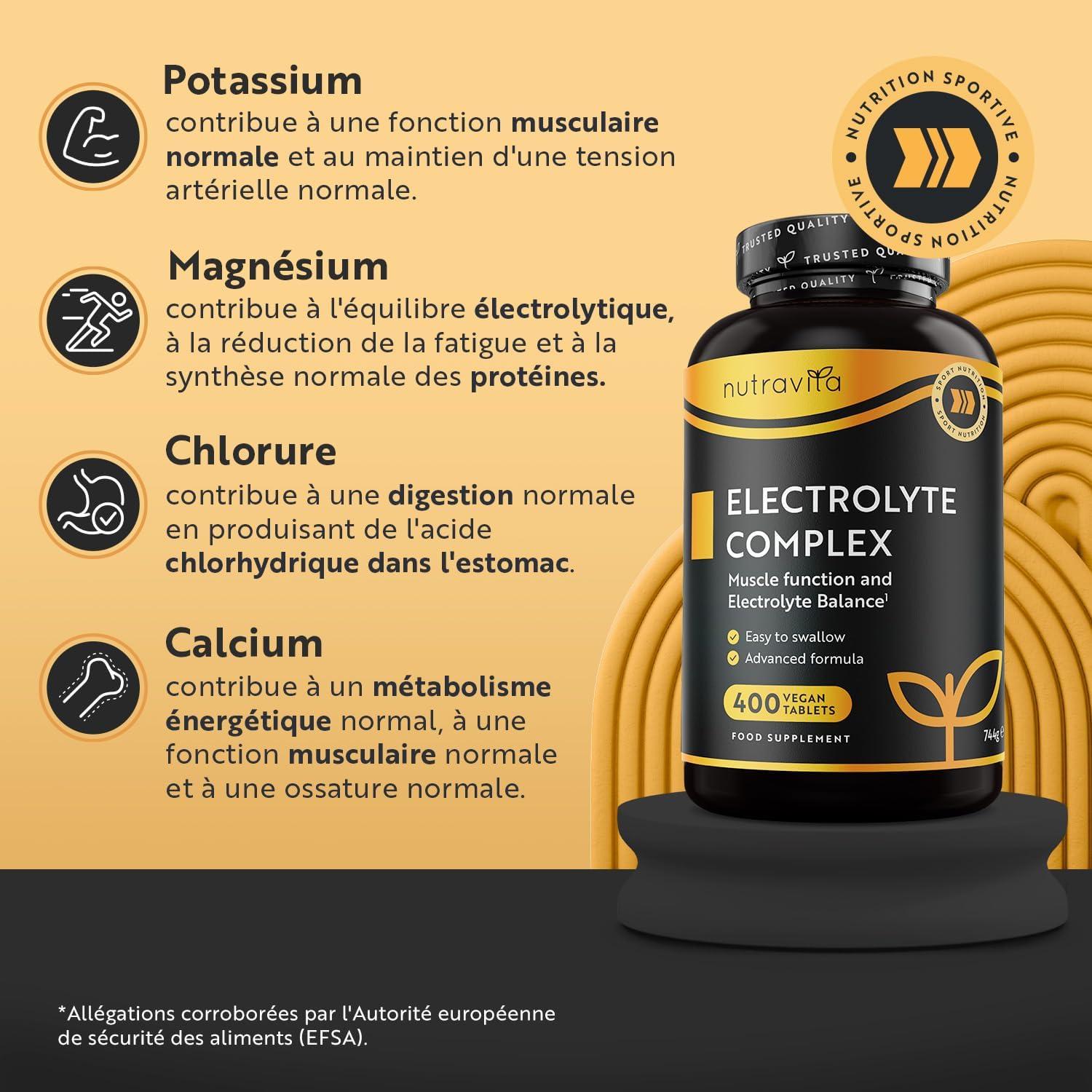 image:imageElectrolyte Complex 900mg 400 Comprims 1 An avec Magnesium Calcium Potassium Complment Alimentaire Fonction Musculaire EFSA Electrolytes Hydratation sans Sucre Nutravita400 unit Lot de 1