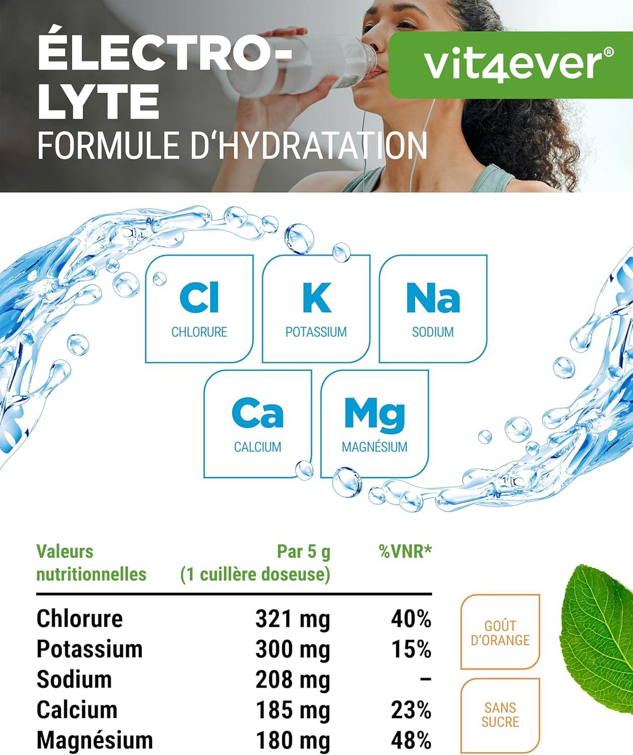 image:imageElectrolytes 200 g 40 portions Formule dhydratation avec chlorure potassium sodium calcium magnsium Parfait pour les sportifs en cas de dshydratation Sans sucre Vegan OrangeOrange