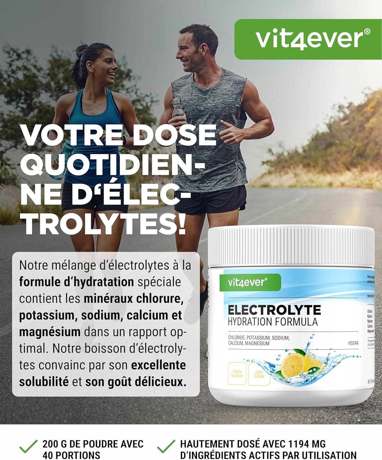 image:imageElectrolytes 200 g 40 portions Formule dhydratation avec chlorure potassium sodium calcium magnsium Parfait pour les sportifs en cas de dshydratation Sans sucre Vegan OrangeCitron