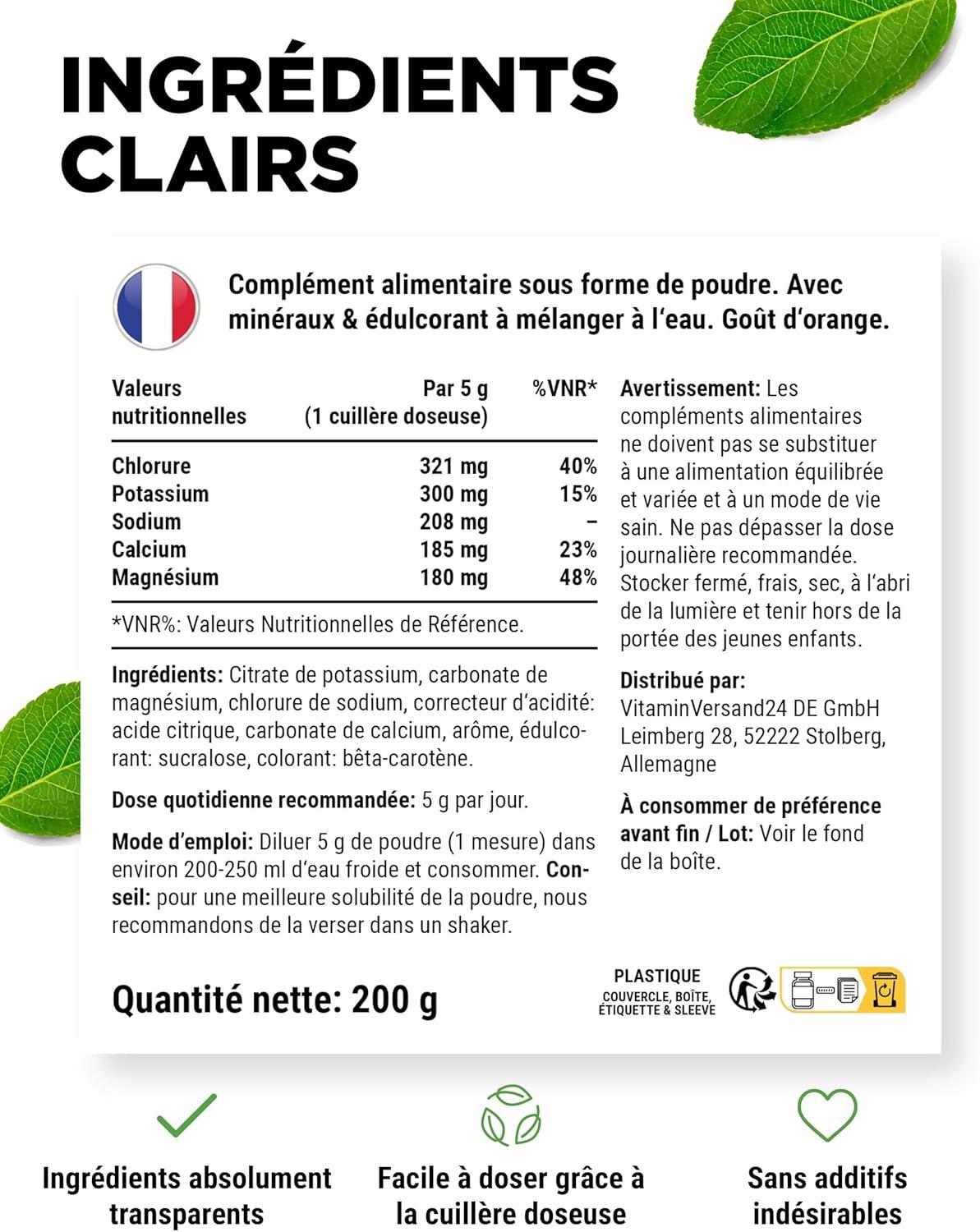 image:imageElectrolytes 200 g 40 portions Formule dhydratation avec chlorure potassium sodium calcium magnsium Parfait pour les sportifs en cas de dshydratation Sans sucre Vegan OrangeOrange