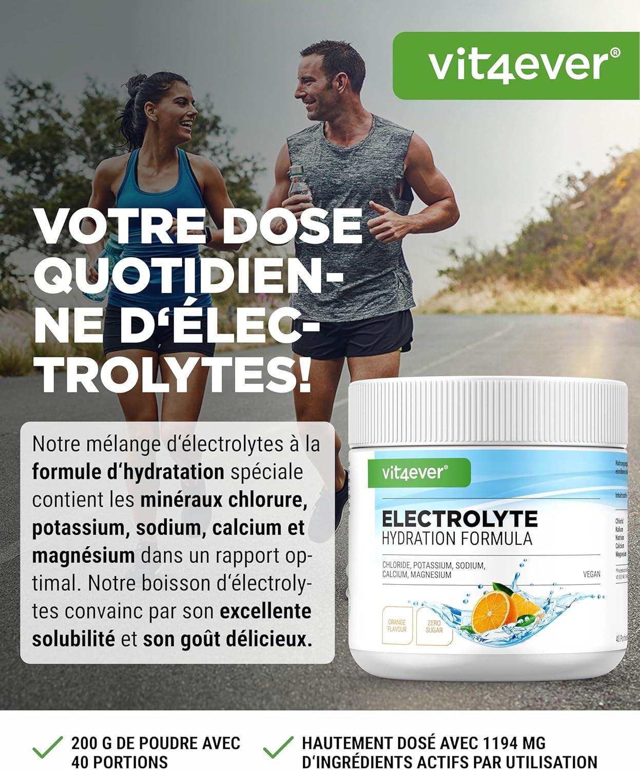 image:imageElectrolytes 200 g 40 portions Formule dhydratation avec chlorure potassium sodium calcium magnsium Parfait pour les sportifs en cas de dshydratation Sans sucre Vegan OrangeOrange