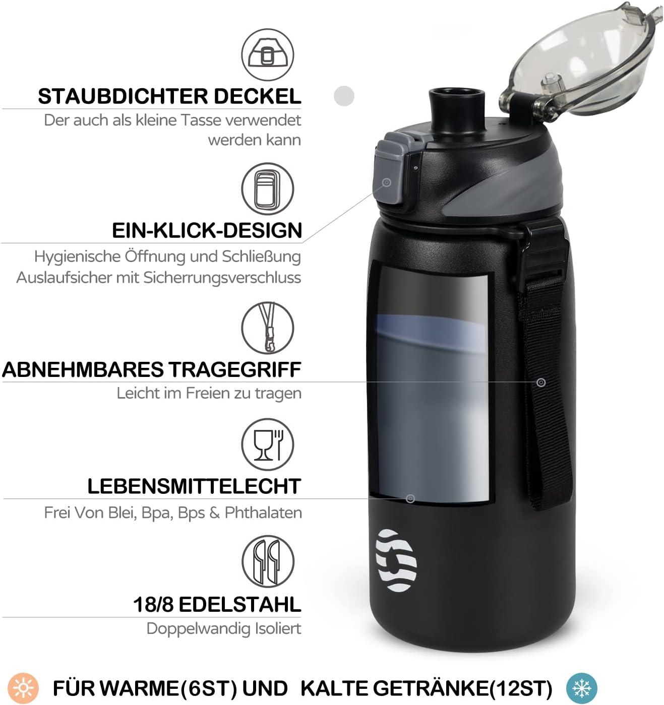 image:imageFJbottle Gourde en acier inoxydable de 1 l 800 ml 600 ml 400 ml sans BPA pour enfants bouteille deau antifuite thermos pour sport sport universit cole fitness extrieur vloNoir