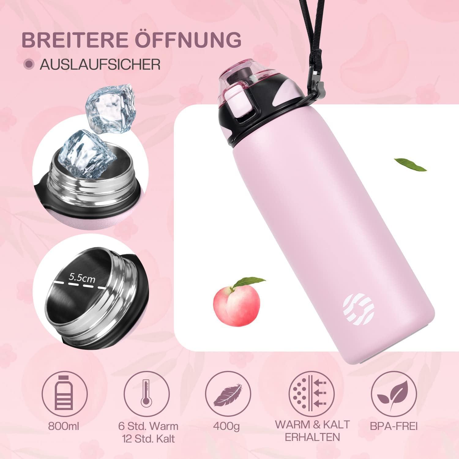 image:imageFJbottle Gourde en acier inoxydable de 1 l 800 ml 600 ml 400 ml sans BPA pour enfants bouteille deau antifuite thermos pour sport sport universit cole fitness extrieur vloRose