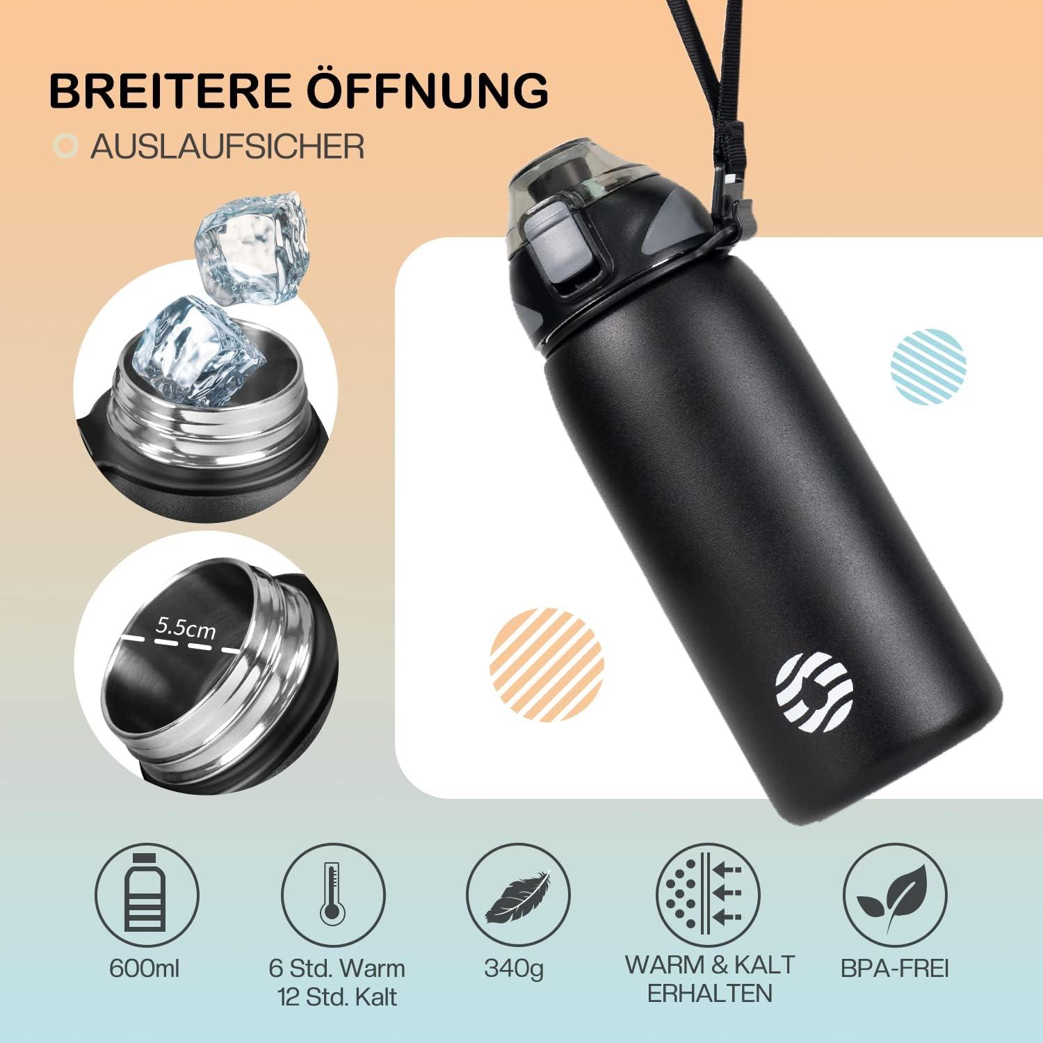 image:imageFJbottle Gourde en acier inoxydable de 1 l 800 ml 600 ml 400 ml sans BPA pour enfants bouteille deau antifuite thermos pour sport sport universit cole fitness extrieur vloNoir