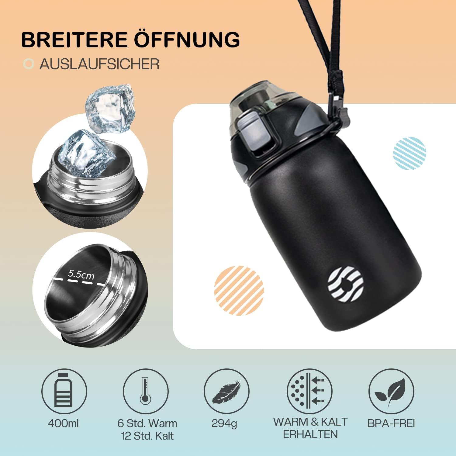 image:imageFJbottle Gourde en acier inoxydable de 1 l 800 ml 600 ml 400 ml sans BPA pour enfants bouteille deau antifuite thermos pour sport sport universit cole fitness extrieur vloNoir