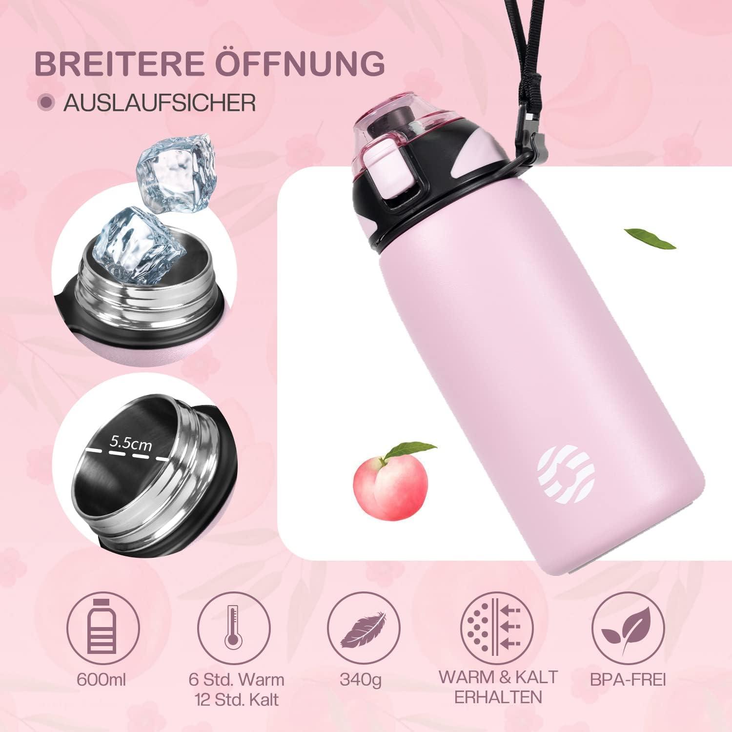 image:imageFJbottle Gourde en acier inoxydable de 1 l 800 ml 600 ml 400 ml sans BPA pour enfants bouteille deau antifuite thermos pour sport sport universit cole fitness extrieur vloRose