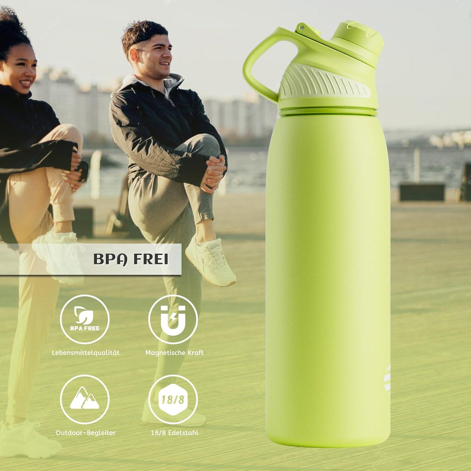 image:imageFjbottle Gourde Isotherme avec Couvercle Magntique 400ml600ml800ml1L15L Bouteille Isotherme tanche sans BPA Gourde Inox Bouche Standard Gourde Enfant pour Sport Gym VoyageVert Fluorescent