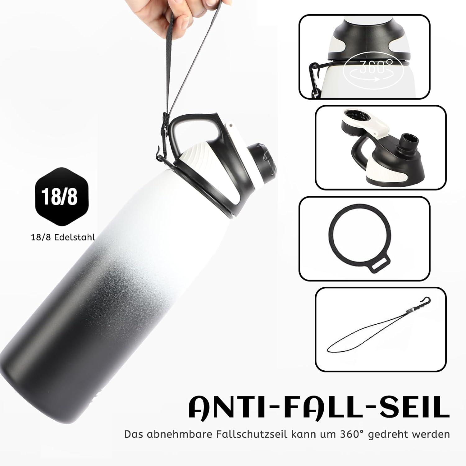 image:imageFjbottle Gourde Isotherme avec Couvercle Magntique 400ml600ml800ml1L15L Bouteille Isotherme tanche sans BPA Gourde Inox Bouche Standard Gourde Enfant pour Sport Gym VoyageBlanc et Noir