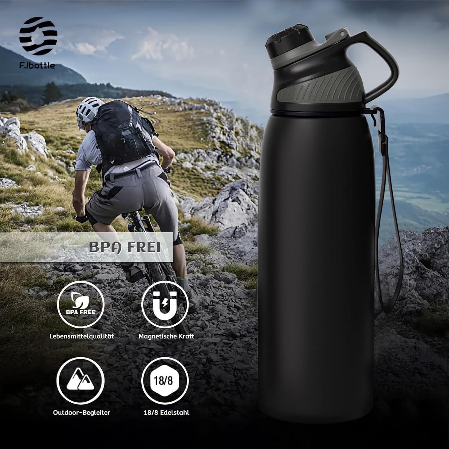image:imageFjbottle Gourde Isotherme avec Couvercle Magntique 400ml600ml800ml1L15L Bouteille Isotherme tanche sans BPA Gourde Inox Bouche Standard Gourde Enfant pour Sport Gym VoyageNoir et Gris