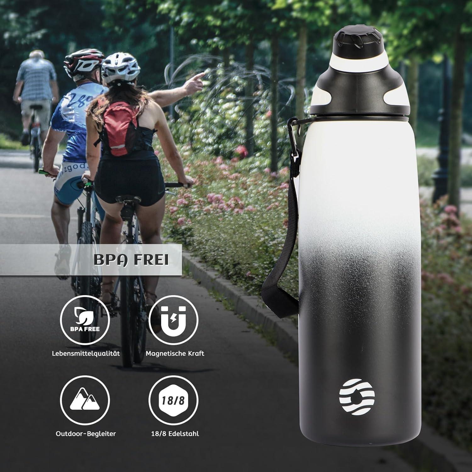 image:imageFjbottle Gourde Isotherme avec Couvercle Magntique 400ml600ml800ml1L15L Bouteille Isotherme tanche sans BPA Gourde Inox Bouche Standard Gourde Enfant pour Sport Gym VoyageBlanc et Noir