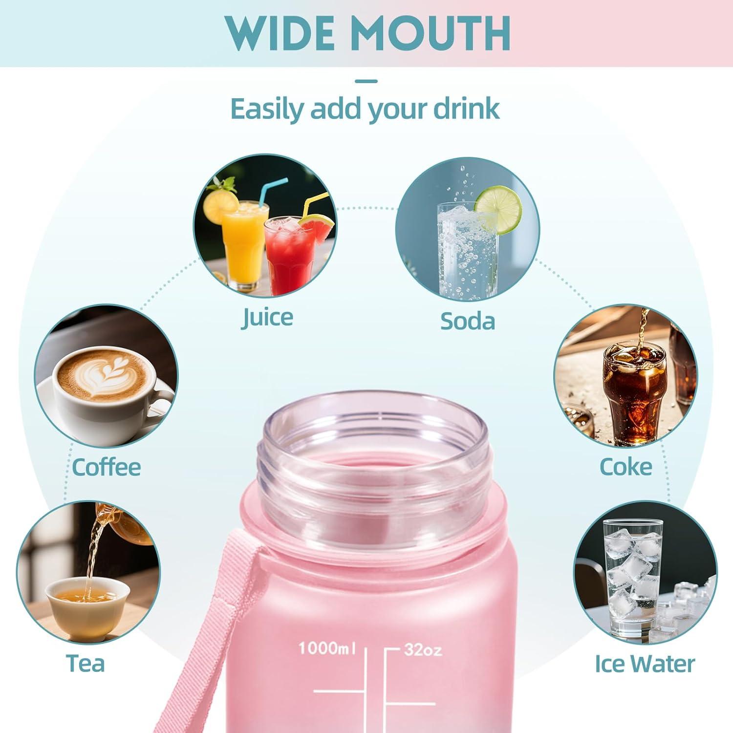 image:imageGourde 1l AntiFuite Gourde Sport avec Paille Bouteille avec Marqueur de Temps Bouteille deau Rutilisable pour Fitness Yoga Sport Camping Gym Travail JauneRoseRosevert