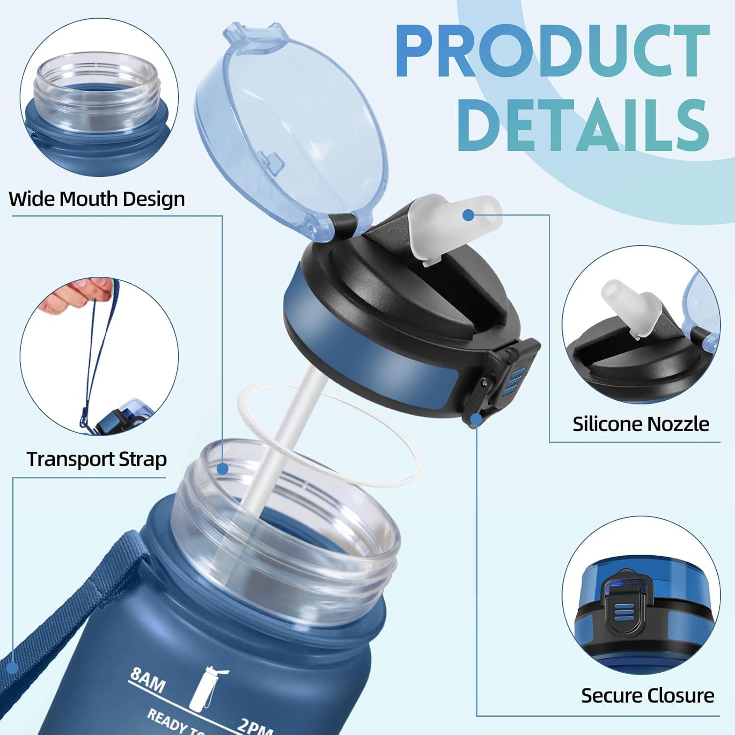 image:imageGourde 1l AntiFuite Gourde Sport avec Paille Bouteille avec Marqueur de Temps Bouteille deau Rutilisable pour Fitness Yoga Sport Camping Gym Travail JauneRoseBleuvert