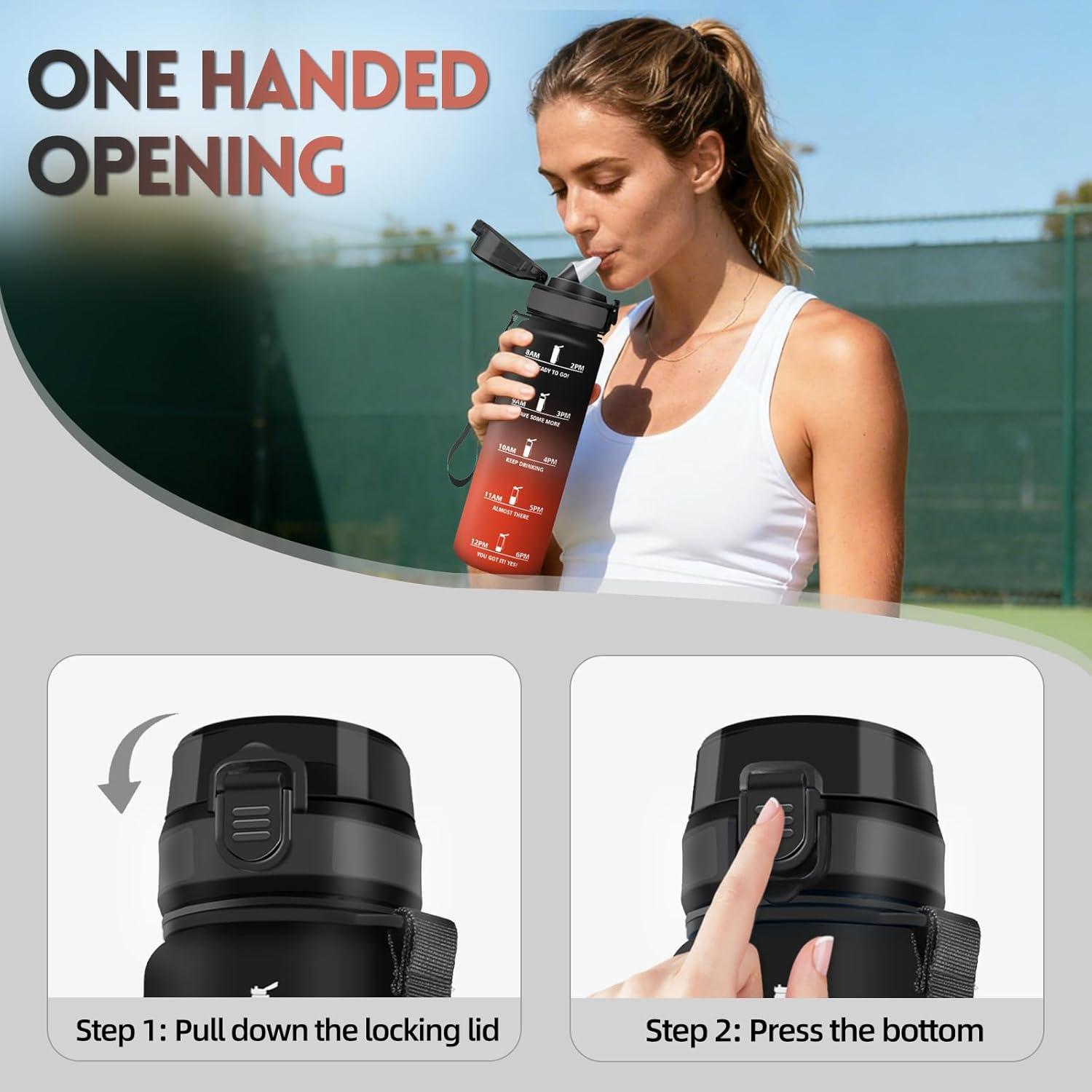 image:imageGourde 1l AntiFuite Gourde Sport avec Paille Bouteille avec Marqueur de Temps Bouteille deau Rutilisable pour Fitness Yoga Sport Camping Gym Travail JauneRoseNoirrouge