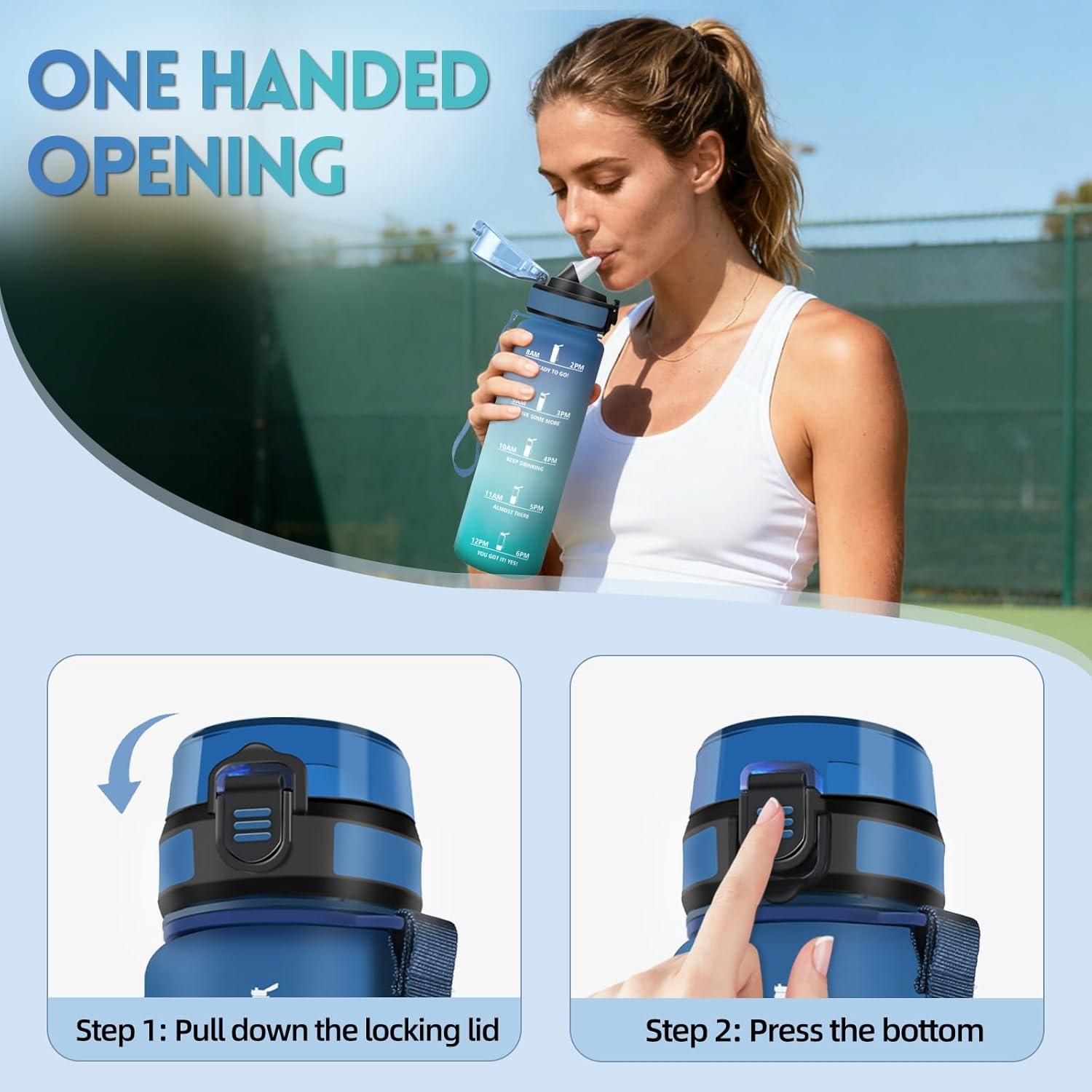 image:imageGourde 1l AntiFuite Gourde Sport avec Paille Bouteille avec Marqueur de Temps Bouteille deau Rutilisable pour Fitness Yoga Sport Camping Gym Travail JauneRoseBleuvert