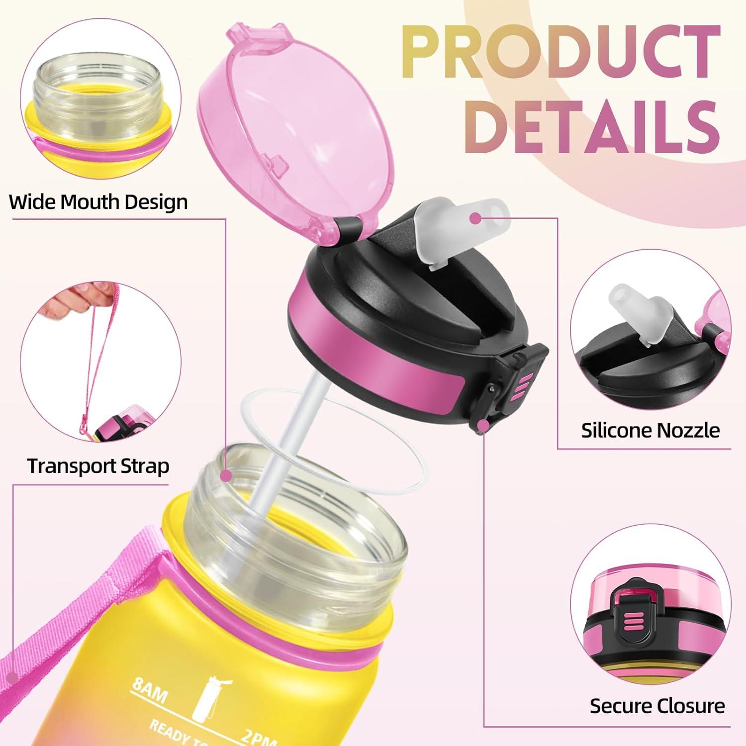 image:imageGourde 1l AntiFuite Gourde Sport avec Paille Bouteille avec Marqueur de Temps Bouteille deau Rutilisable pour Fitness Yoga Sport Camping Gym Travail JauneRoseJaunerose