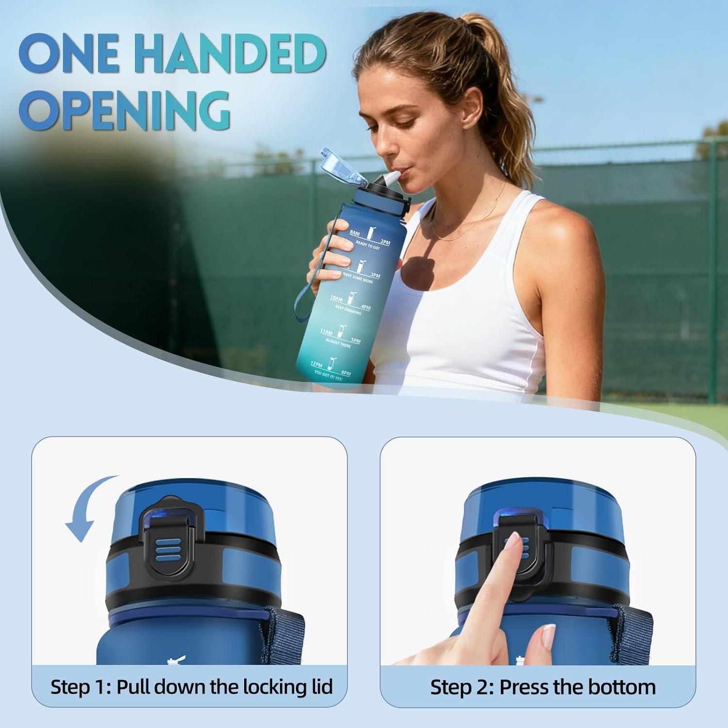 image:imageGourde 1l AntiFuite Gourde Sport avec Paille Bouteille avec Marqueur de Temps Bouteille deau Rutilisable pour Fitness Yoga Sport Camping Gym Travail JauneRoseBleuvert