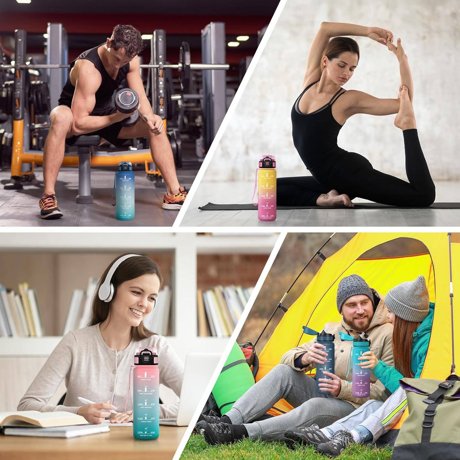 image:imageGourde 1l AntiFuite Gourde Sport avec Paille Bouteille avec Marqueur de Temps Bouteille deau Rutilisable pour Fitness Yoga Sport Camping Gym Travail JauneRoseBleuvert