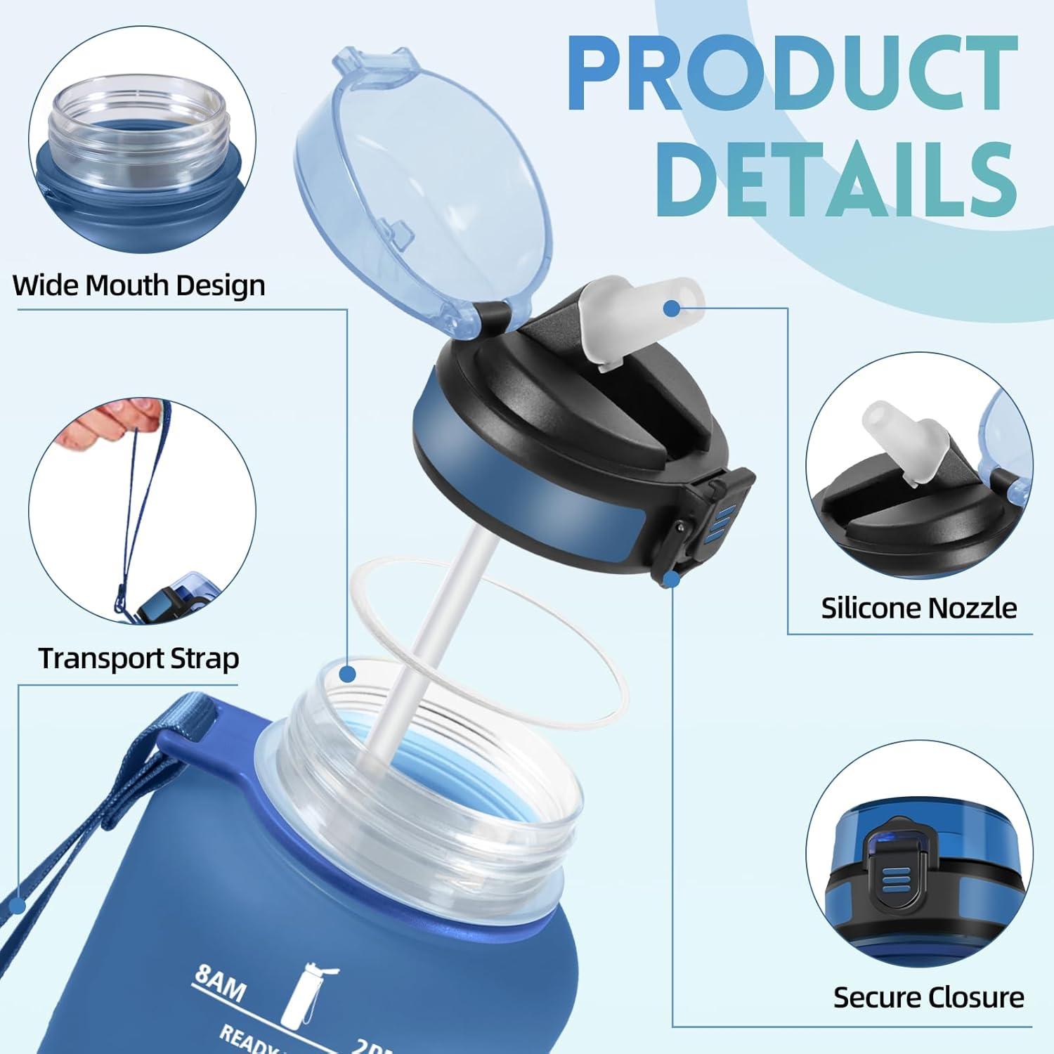 image:imageGourde 1l AntiFuite Gourde Sport avec Paille Bouteille avec Marqueur de Temps Bouteille deau Rutilisable pour Fitness Yoga Sport Camping Gym Travail JauneRoseBleuvert