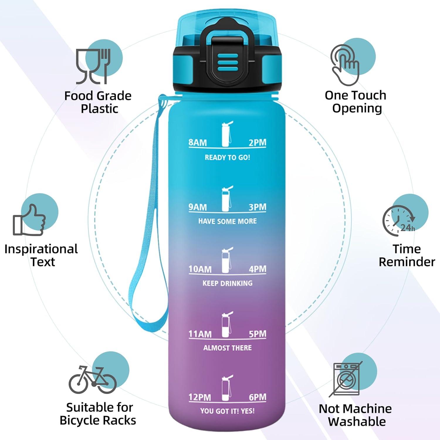 image:imageGourde 1l AntiFuite Gourde Sport avec Paille Bouteille avec Marqueur de Temps Bouteille deau Rutilisable pour Fitness Yoga Sport Camping Gym Travail JauneRoseBleuviolet