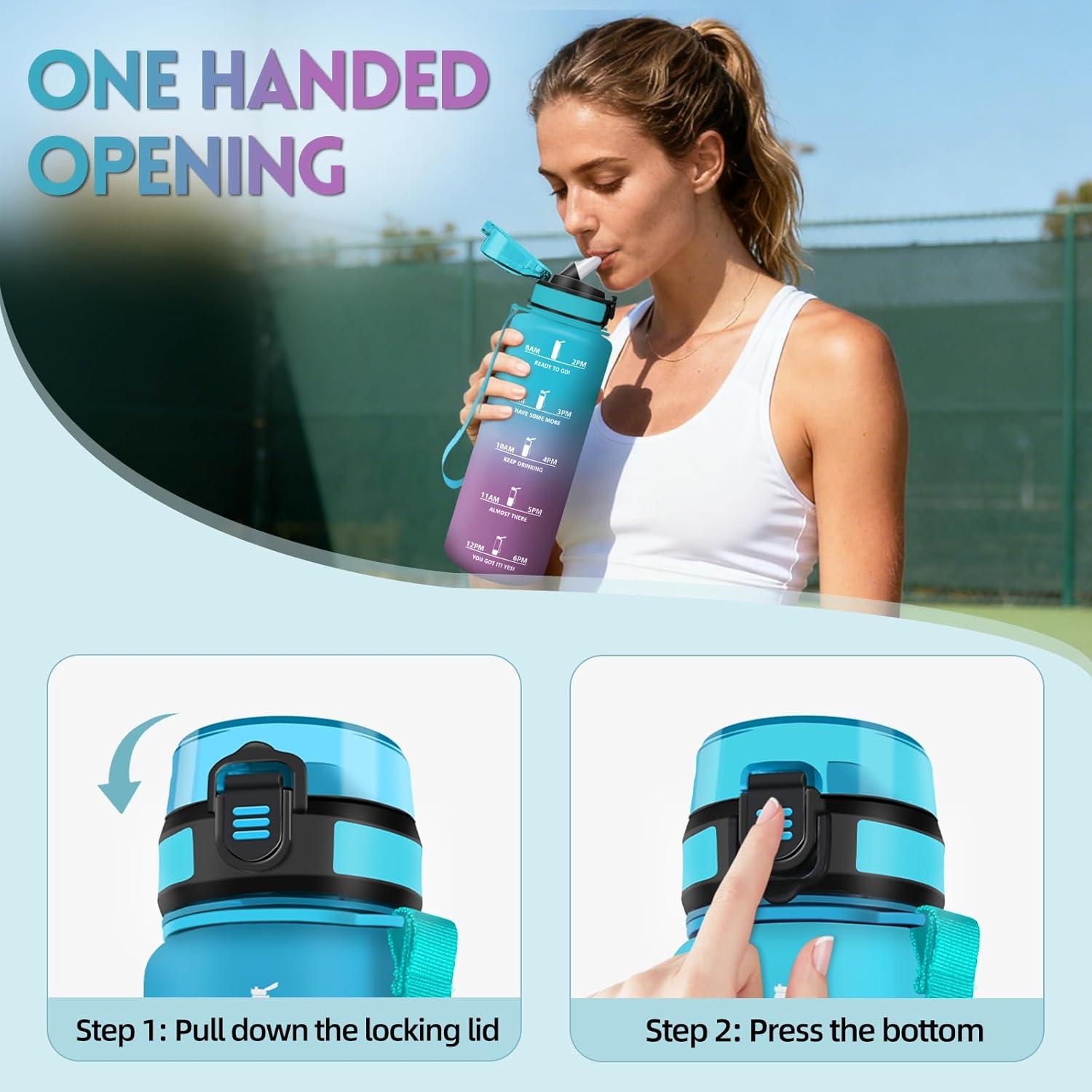 image:imageGourde 1l AntiFuite Gourde Sport avec Paille Bouteille avec Marqueur de Temps Bouteille deau Rutilisable pour Fitness Yoga Sport Camping Gym Travail JauneRoseBleuviolet