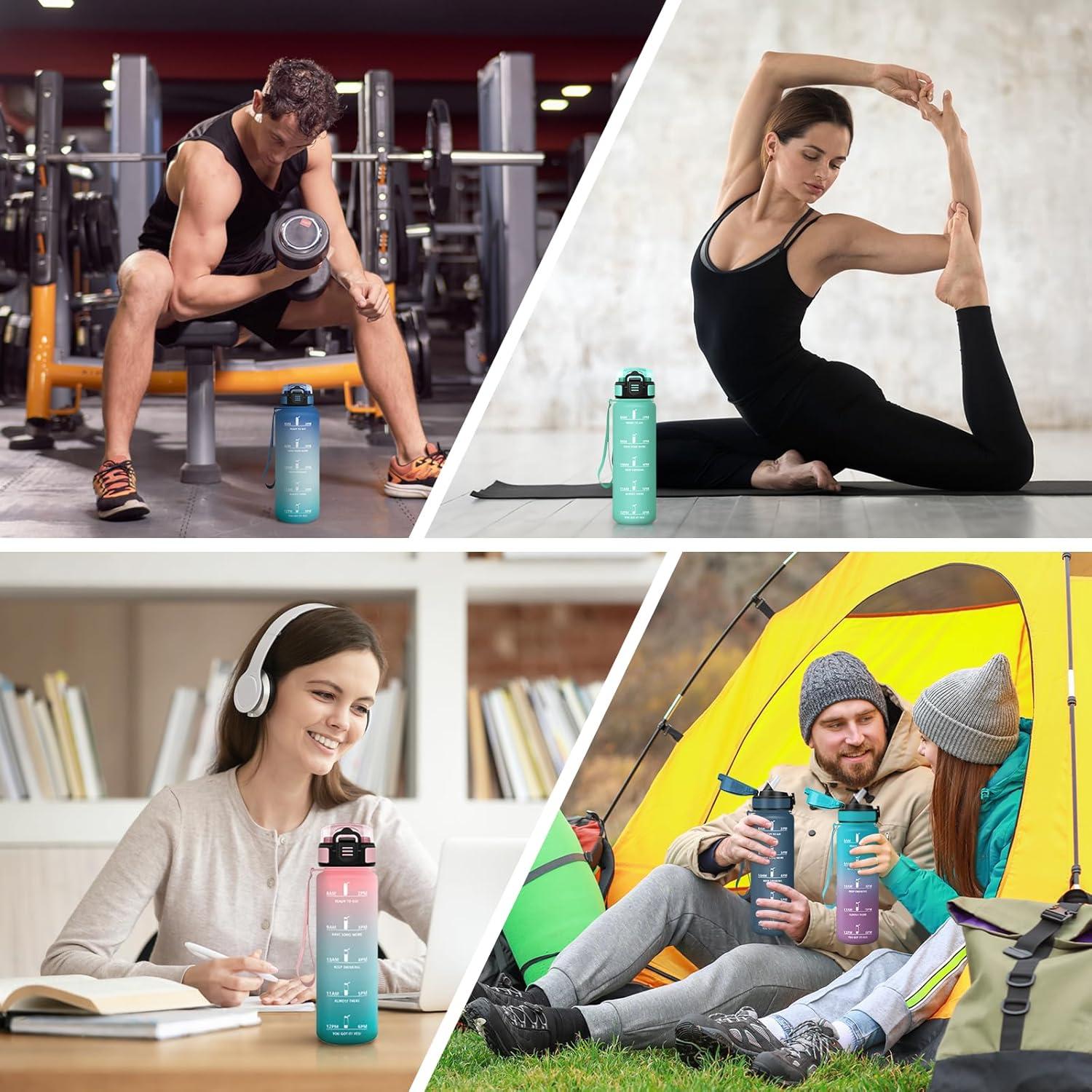 image:imageGourde 1l AntiFuite Gourde Sport avec Paille Bouteille avec Marqueur de Temps Bouteille deau Rutilisable pour Fitness Yoga Sport Camping Gym Travail JauneRoseBleuvert 3245c
