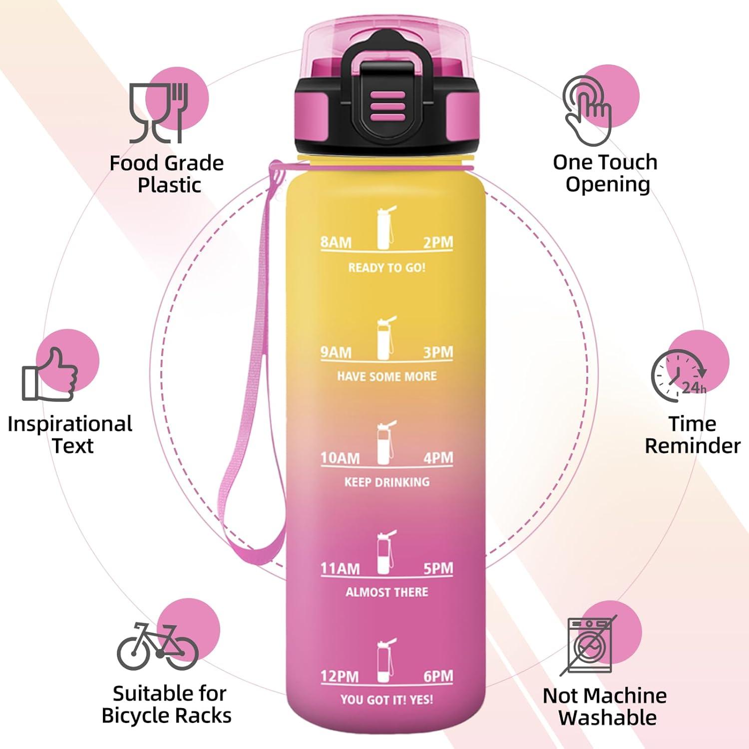 image:imageGourde 1l AntiFuite Gourde Sport avec Paille Bouteille avec Marqueur de Temps Bouteille deau Rutilisable pour Fitness Yoga Sport Camping Gym Travail JauneRoseJaunerose