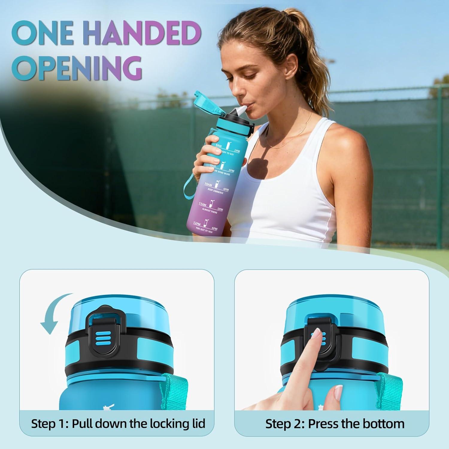 image:imageGourde 1l AntiFuite Gourde Sport avec Paille Bouteille avec Marqueur de Temps Bouteille deau Rutilisable pour Fitness Yoga Sport Camping Gym Travail JauneRoseBleuviolet