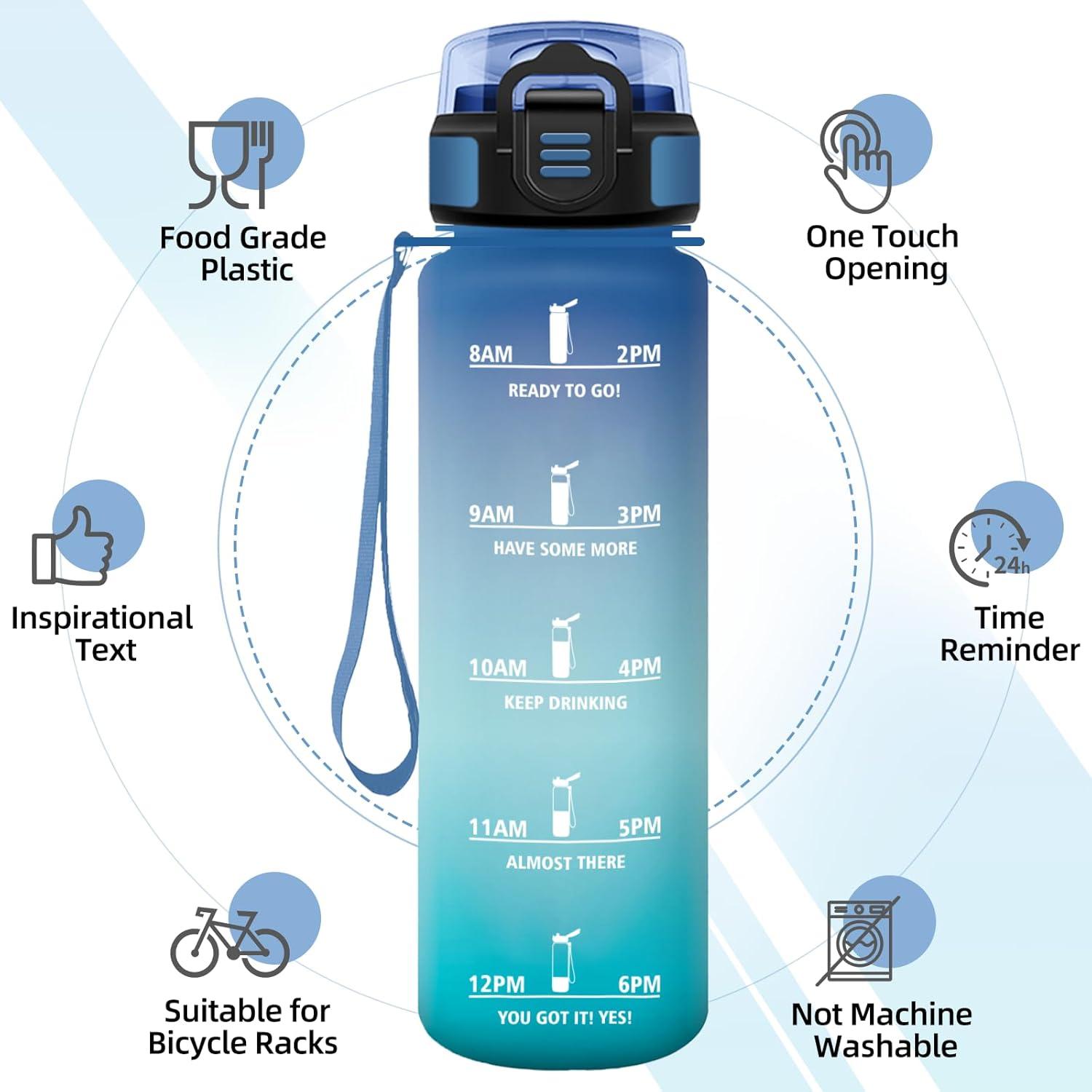 image:imageGourde 1l AntiFuite Gourde Sport avec Paille Bouteille avec Marqueur de Temps Bouteille deau Rutilisable pour Fitness Yoga Sport Camping Gym Travail JauneRoseBleuvert