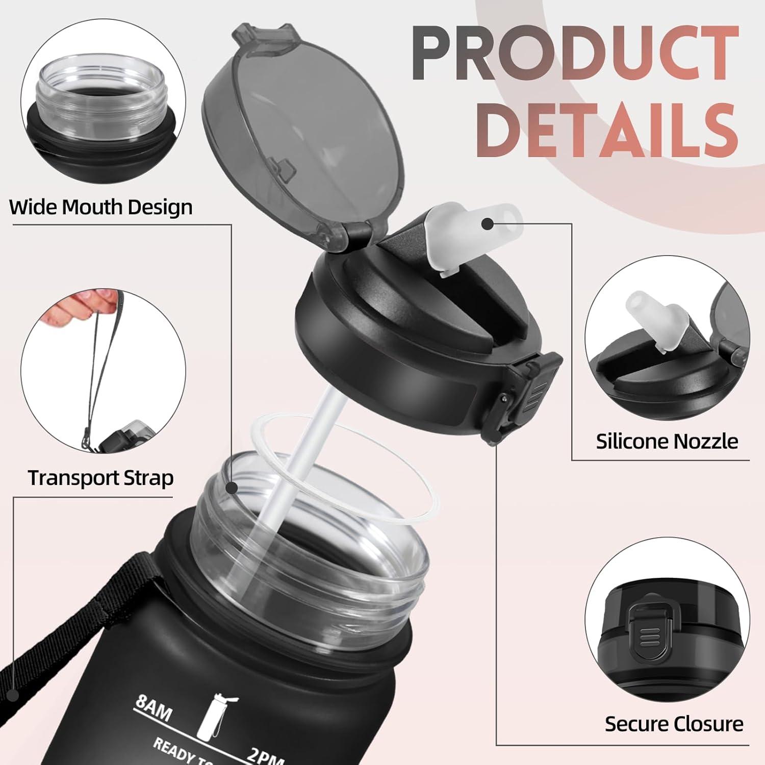 image:imageGourde 1l AntiFuite Gourde Sport avec Paille Bouteille avec Marqueur de Temps Bouteille deau Rutilisable pour Fitness Yoga Sport Camping Gym Travail JauneRoseNoirrouge