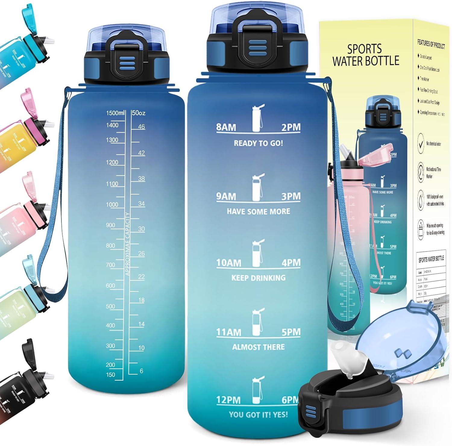 image:imageGourde 1l AntiFuite Gourde Sport avec Paille Bouteille avec Marqueur de Temps Bouteille deau Rutilisable pour Fitness Yoga Sport Camping Gym Travail JauneRoseBleuvert