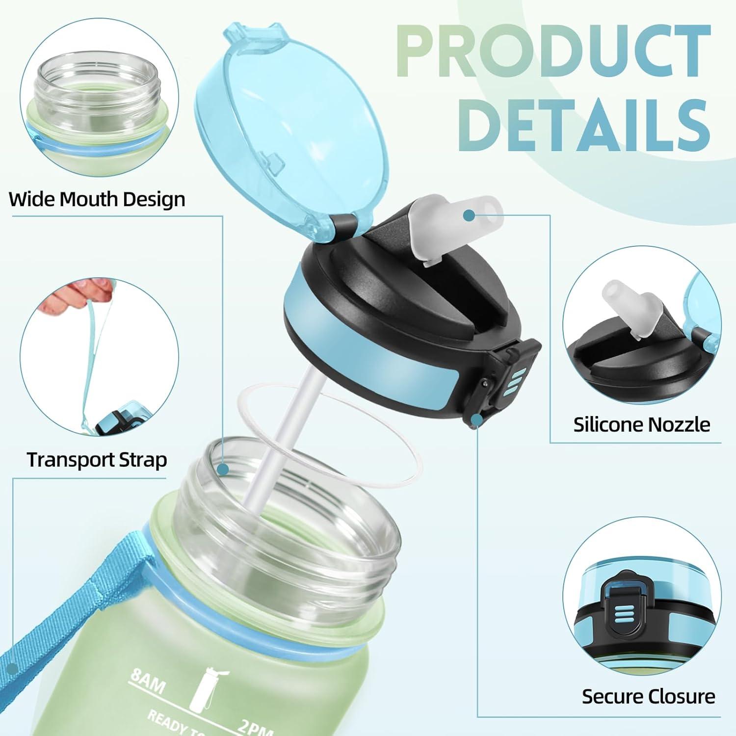 image:imageGourde 1l AntiFuite Gourde Sport avec Paille Bouteille avec Marqueur de Temps Bouteille deau Rutilisable pour Fitness Yoga Sport Camping Gym Travail JauneRoseBlanc Cassbleu Clair