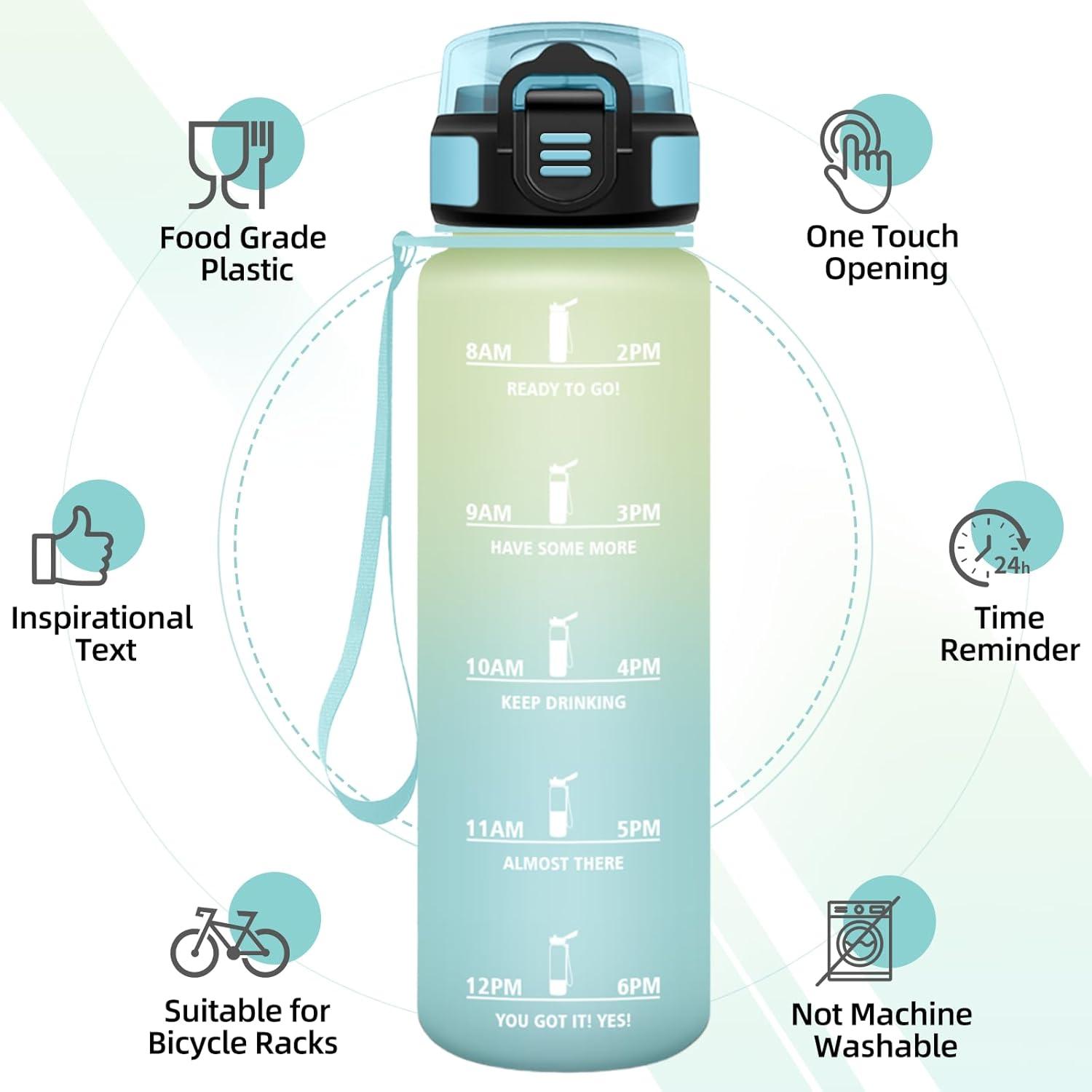image:imageGourde 1l AntiFuite Gourde Sport avec Paille Bouteille avec Marqueur de Temps Bouteille deau Rutilisable pour Fitness Yoga Sport Camping Gym Travail JauneRoseBlanc Cassbleu Clair