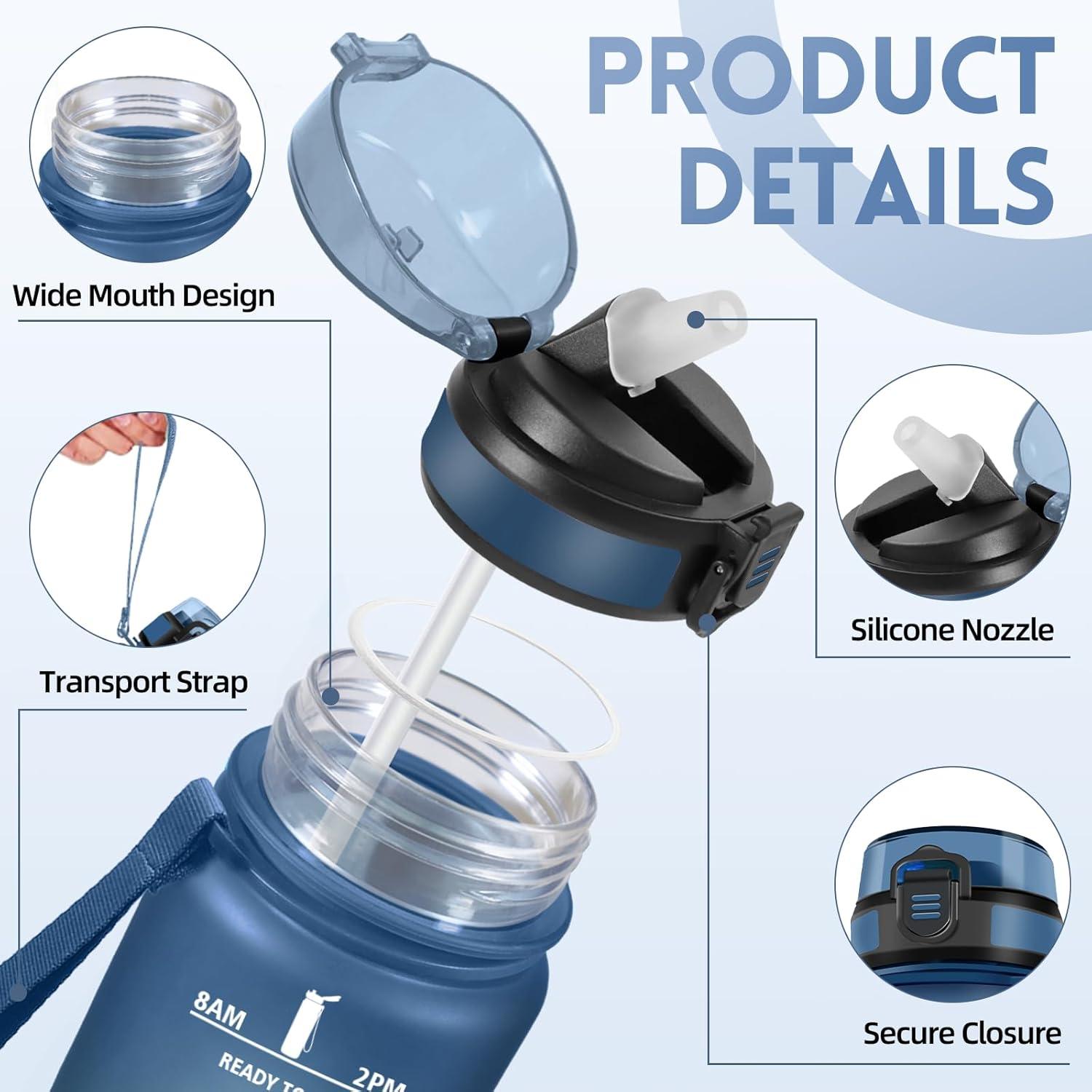 image:imageGourde 1l AntiFuite Gourde Sport avec Paille Bouteille avec Marqueur de Temps Bouteille deau Rutilisable pour Fitness Yoga Sport Camping Gym Travail JauneRoseBleu Fonc