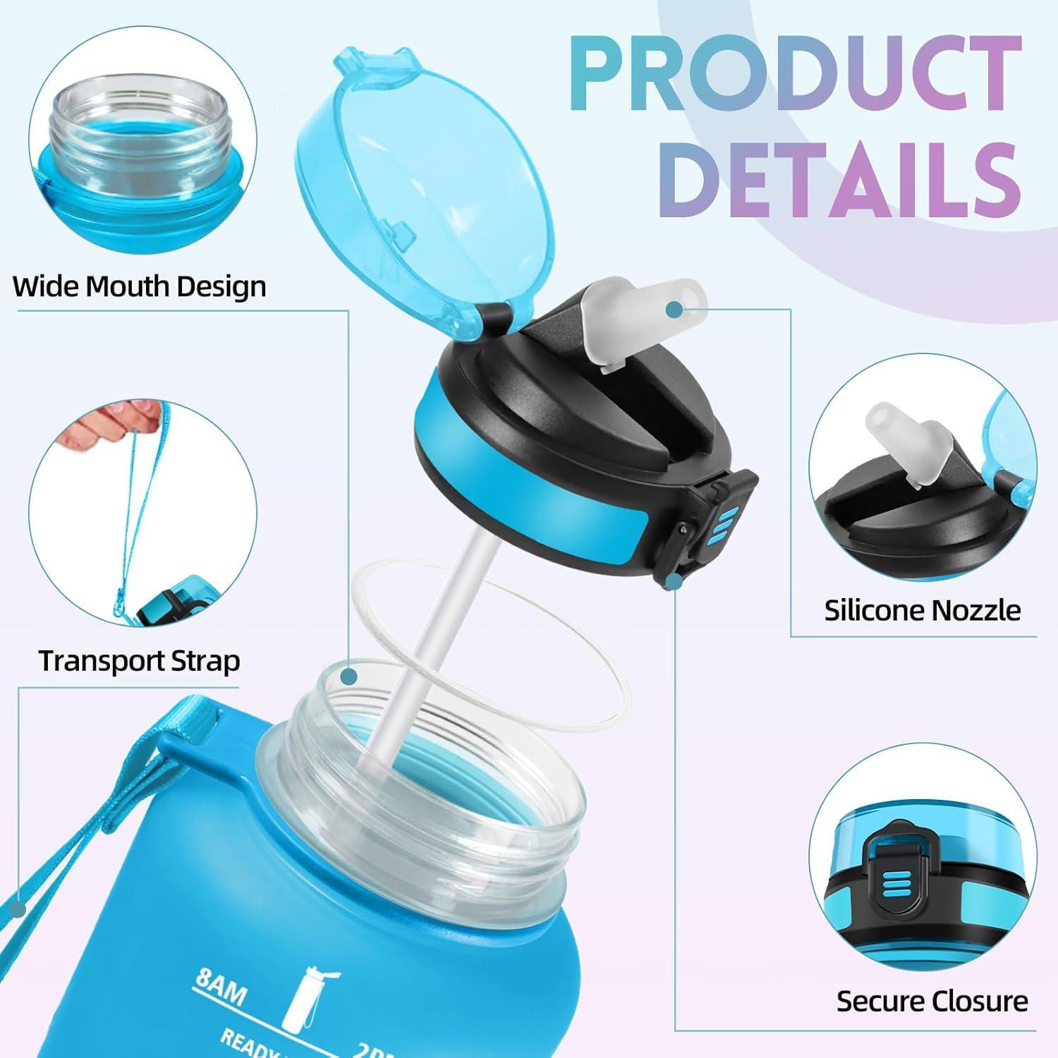 image:imageGourde 1l AntiFuite Gourde Sport avec Paille Bouteille avec Marqueur de Temps Bouteille deau Rutilisable pour Fitness Yoga Sport Camping Gym Travail JauneRoseBleuviolet