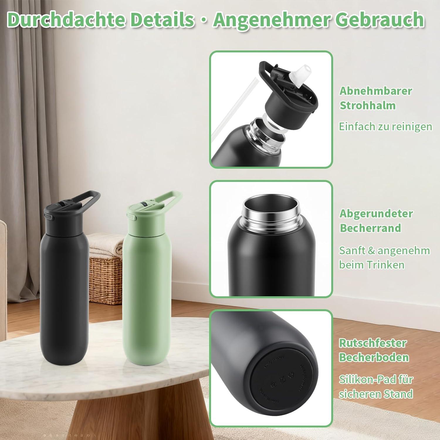 image:imageGourde Isotherme 600 ml Bouteille en Acier Inox avec Paille Mug Thermique Double Paroi Bouteille deau de Sport tanche Sans BPA pour Bureau cole Sport Voyage VertNoir